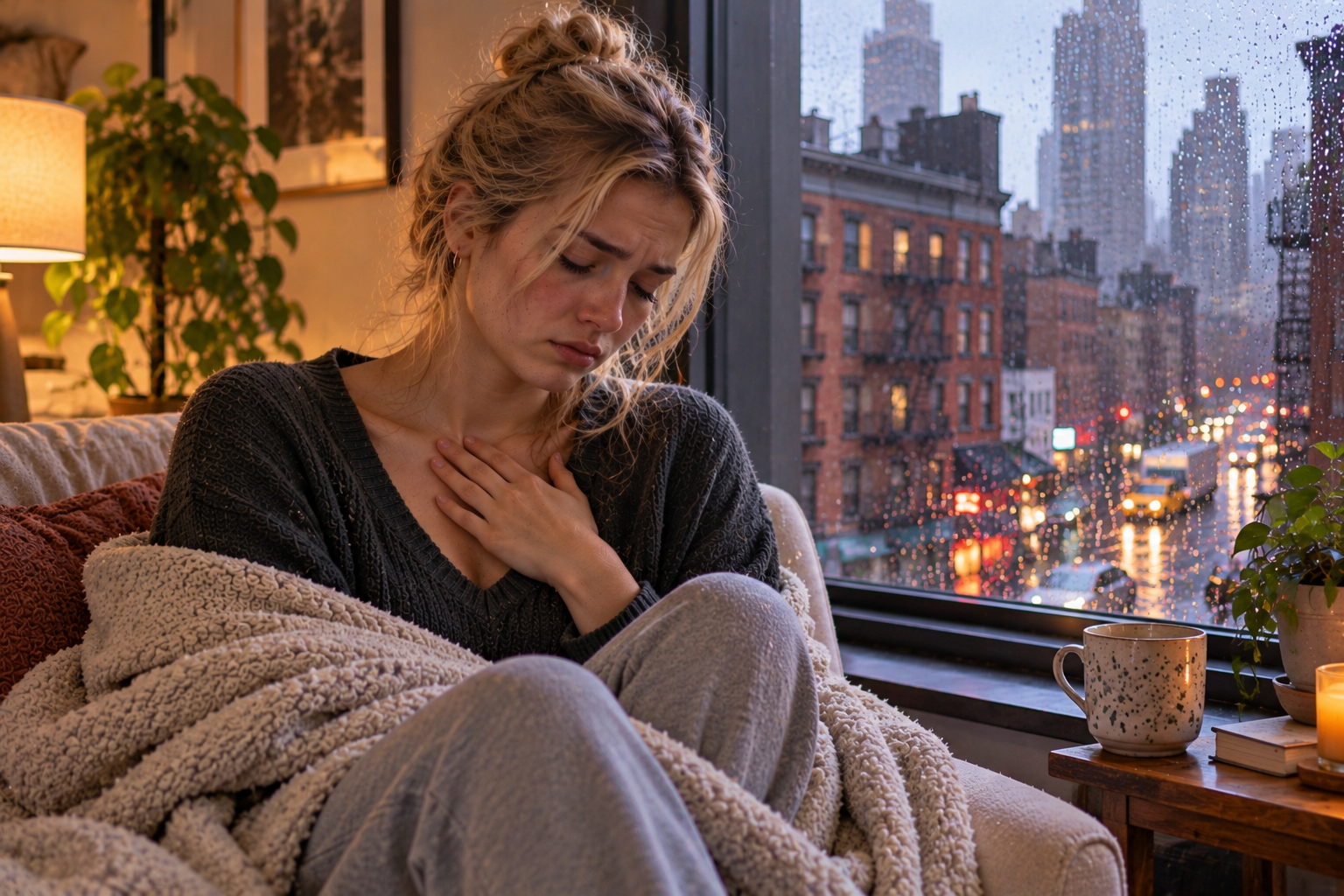 Person sitting by a rainy window with eyes closed, resting fingertips on the upper chest while breathing slowly.