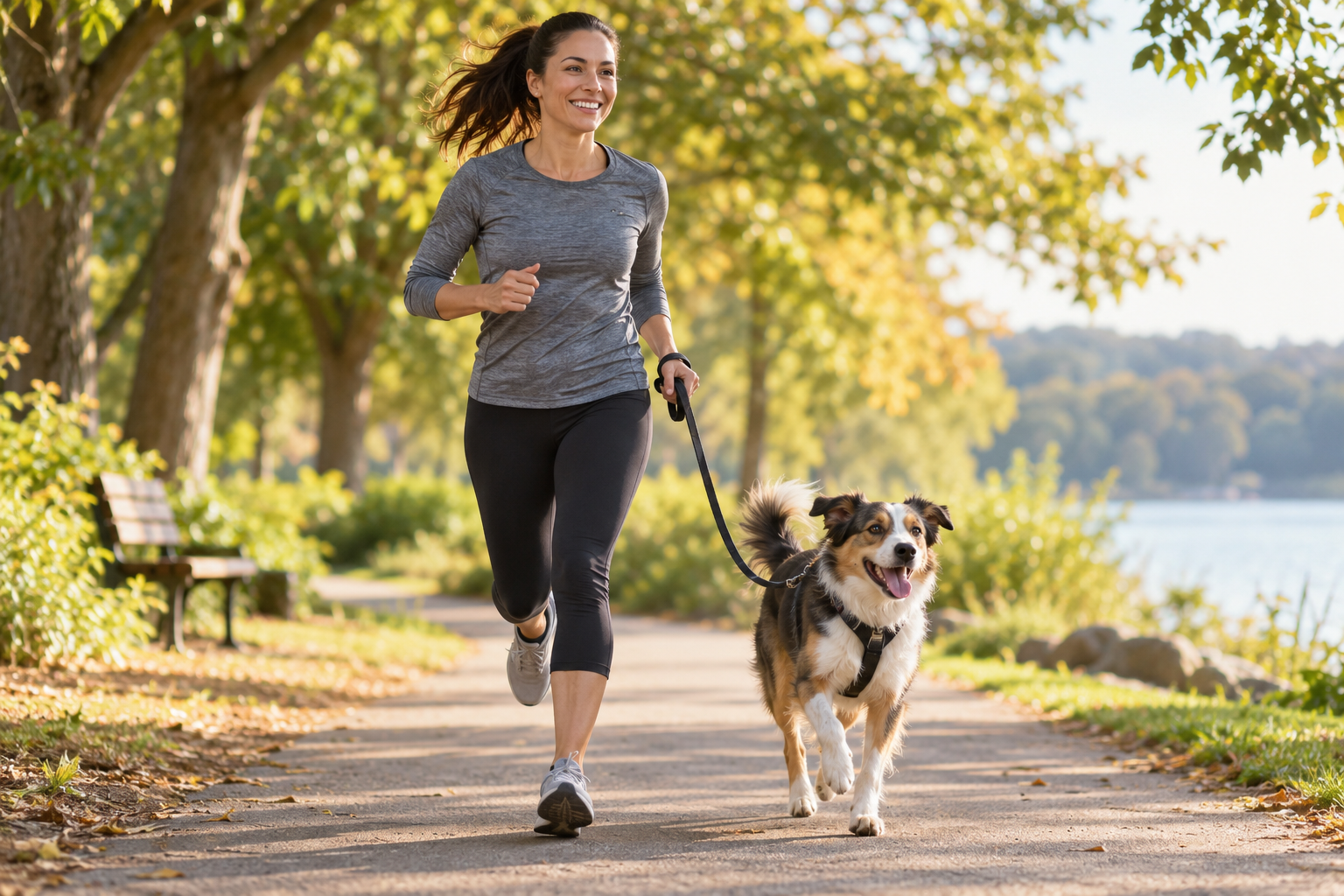 Smiling person jogging along a tree-lined park path with a happy medium-sized dog on a leash.