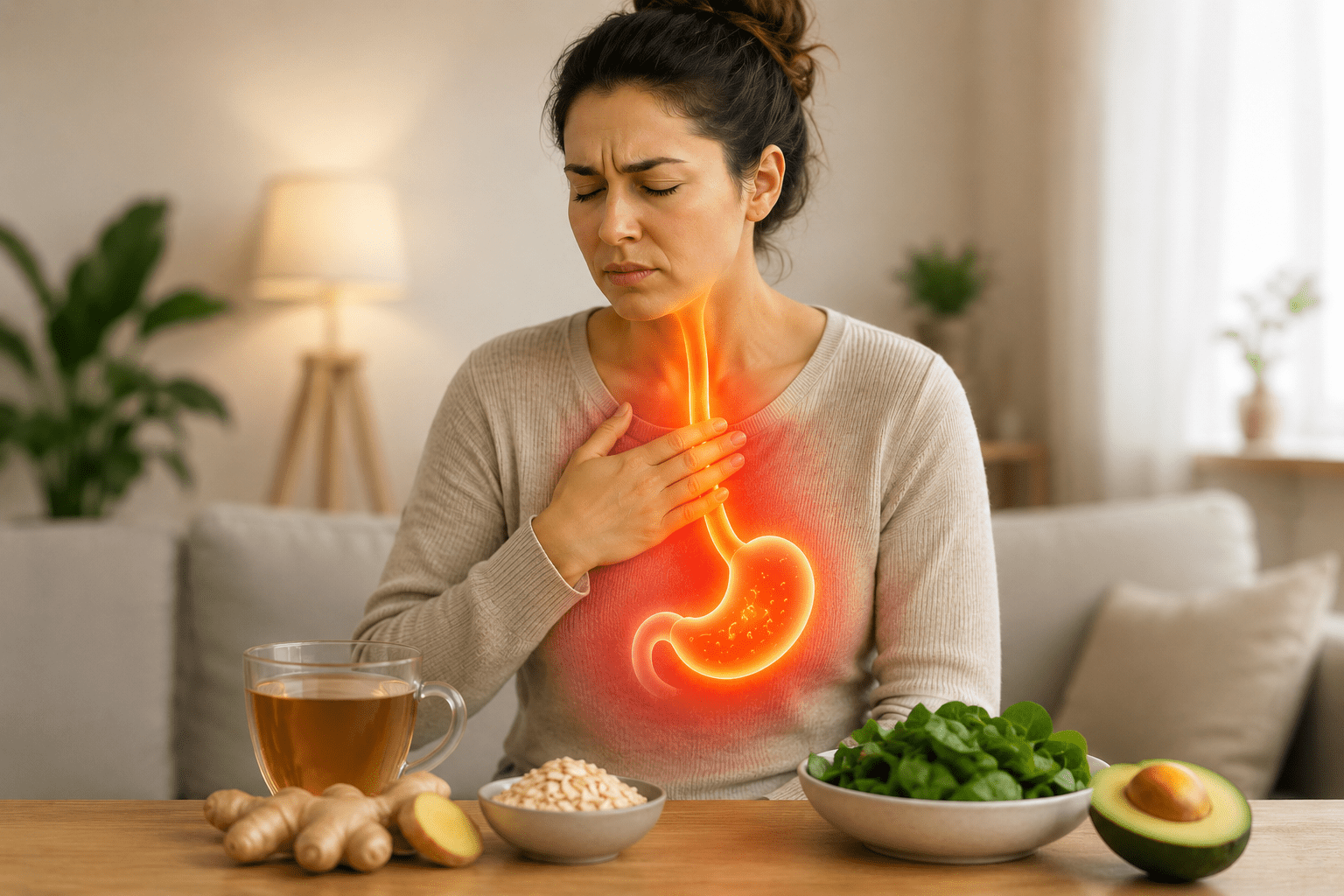 Woman experiencing acid reflux symptoms with digestive system illustration, herbal tea, ginger, and healthy foods commonly used in holistic digestive health approaches.