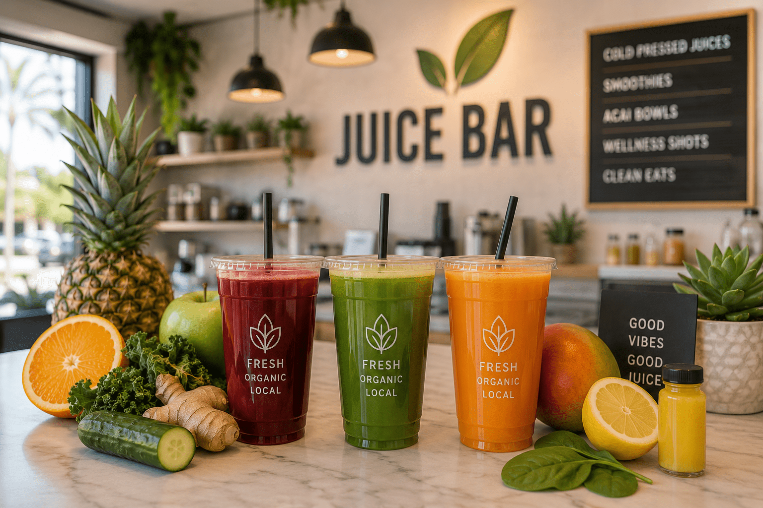 Fresh cold-pressed juices, fruits, vegetables, and wellness shots displayed inside a modern juice bar in Phoenix and Scottsdale.