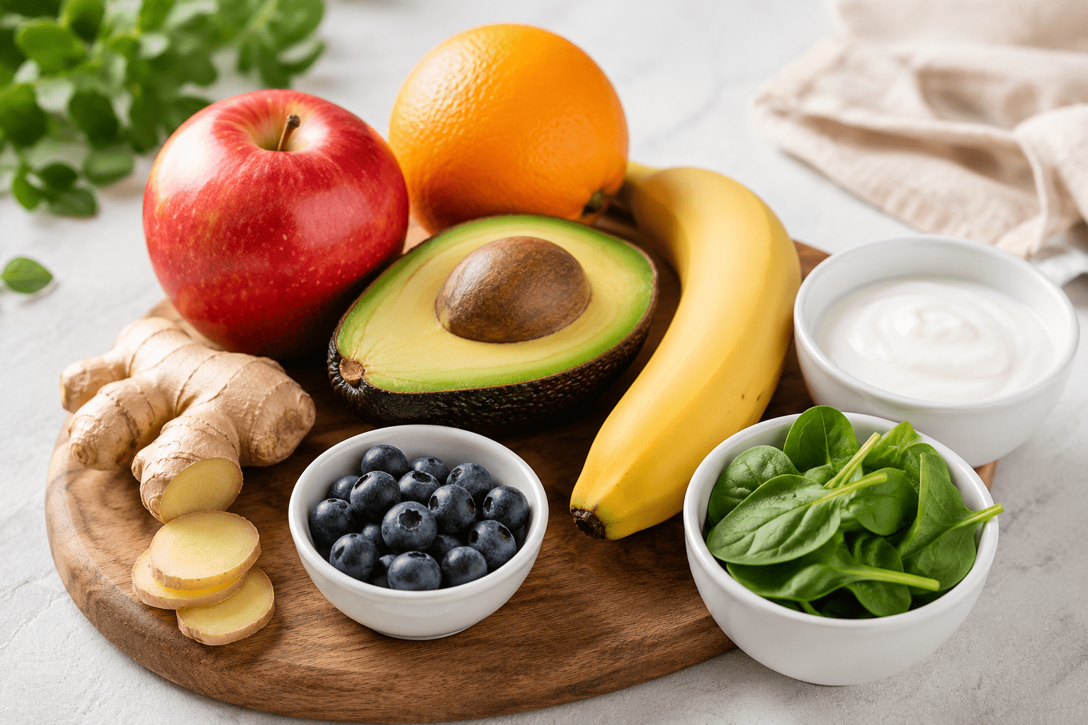 Healthy foods for digestion including avocado, ginger, blueberries, yogurt, banana, apple, and leafy greens arranged on a wooden serving board.