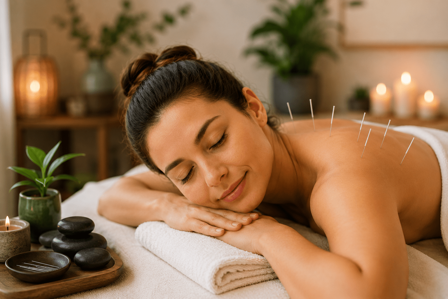Relaxed woman receiving acupuncture treatment in a peaceful wellness setting with acupuncture needles placed in the upper back.
