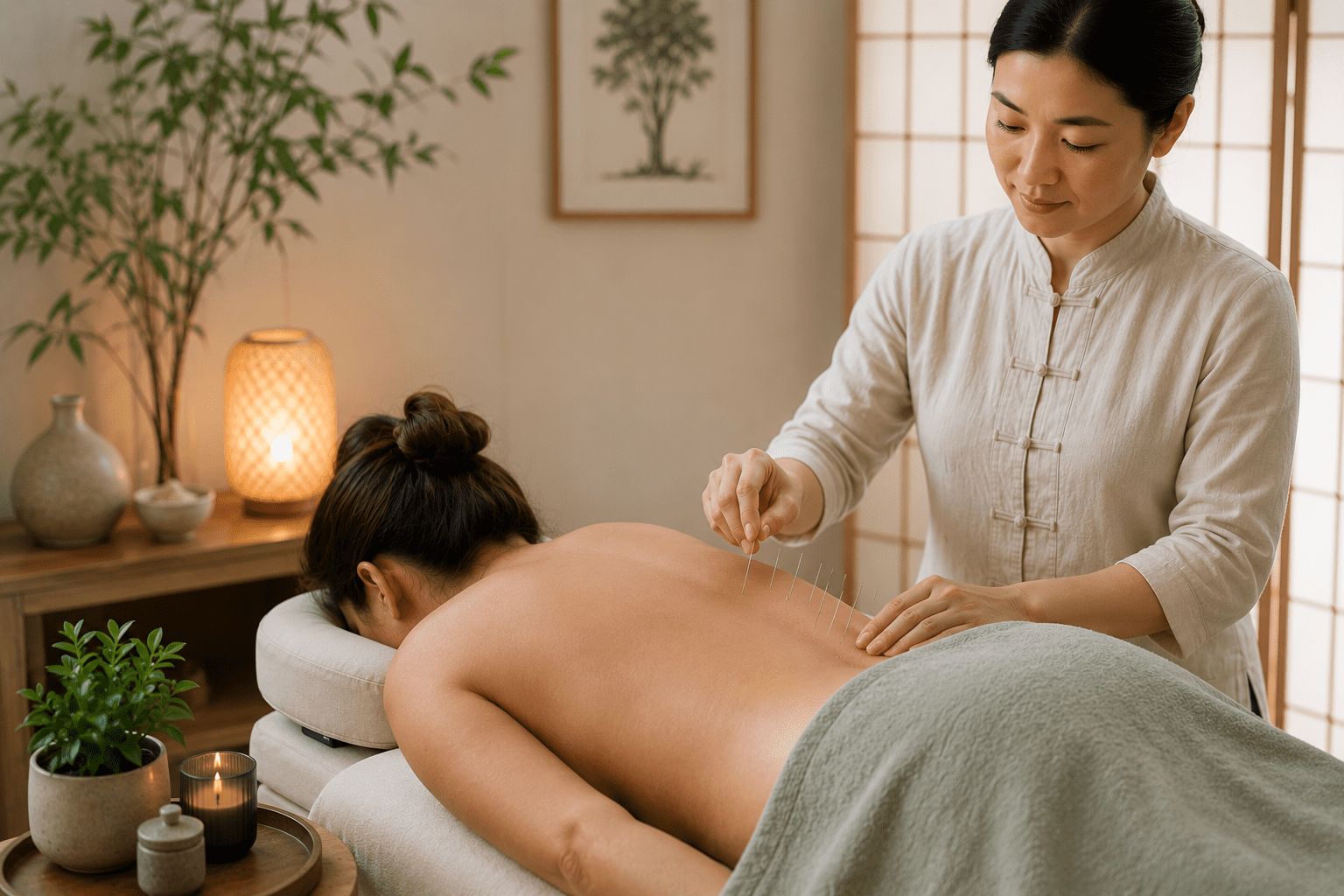 Acupuncture treatment being performed in a calm wellness clinic, representing holistic approaches to hemorrhoid relief, circulation support, and digestive health.