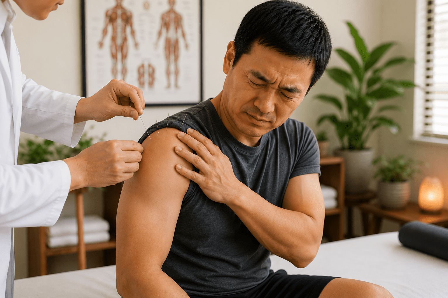 Patient receiving acupuncture treatment for frozen shoulder with acupuncture needles placed around the shoulder joint to support mobility and pain relief.