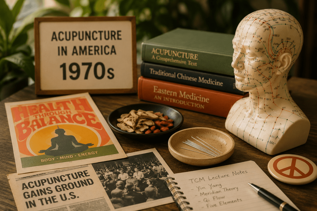 Historical acupuncture display featuring traditional Chinese medicine tools, acupuncture model, herbs, and educational materials representing the rise of acupuncture in America during the 1970s.