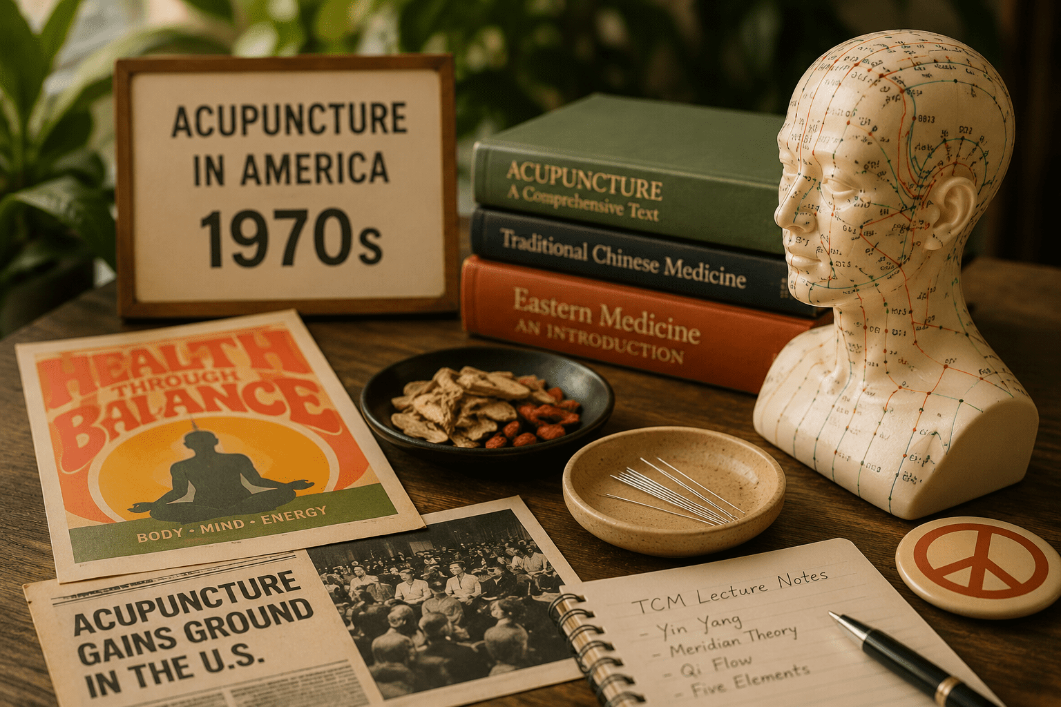 Historical acupuncture display featuring traditional Chinese medicine tools, acupuncture model, herbs, and educational materials representing the rise of acupuncture in America during the 1970s.