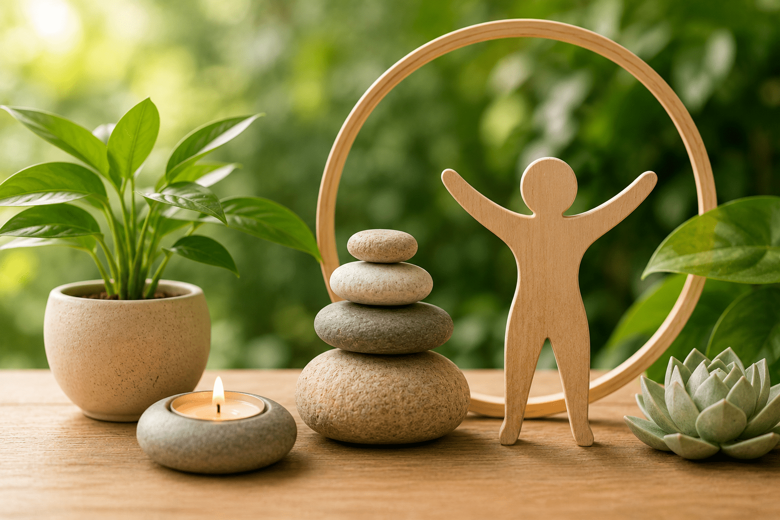 Holistic wellness concept featuring natural elements, balanced stones, greenery, and mindfulness symbols representing whole-person health and well-being.