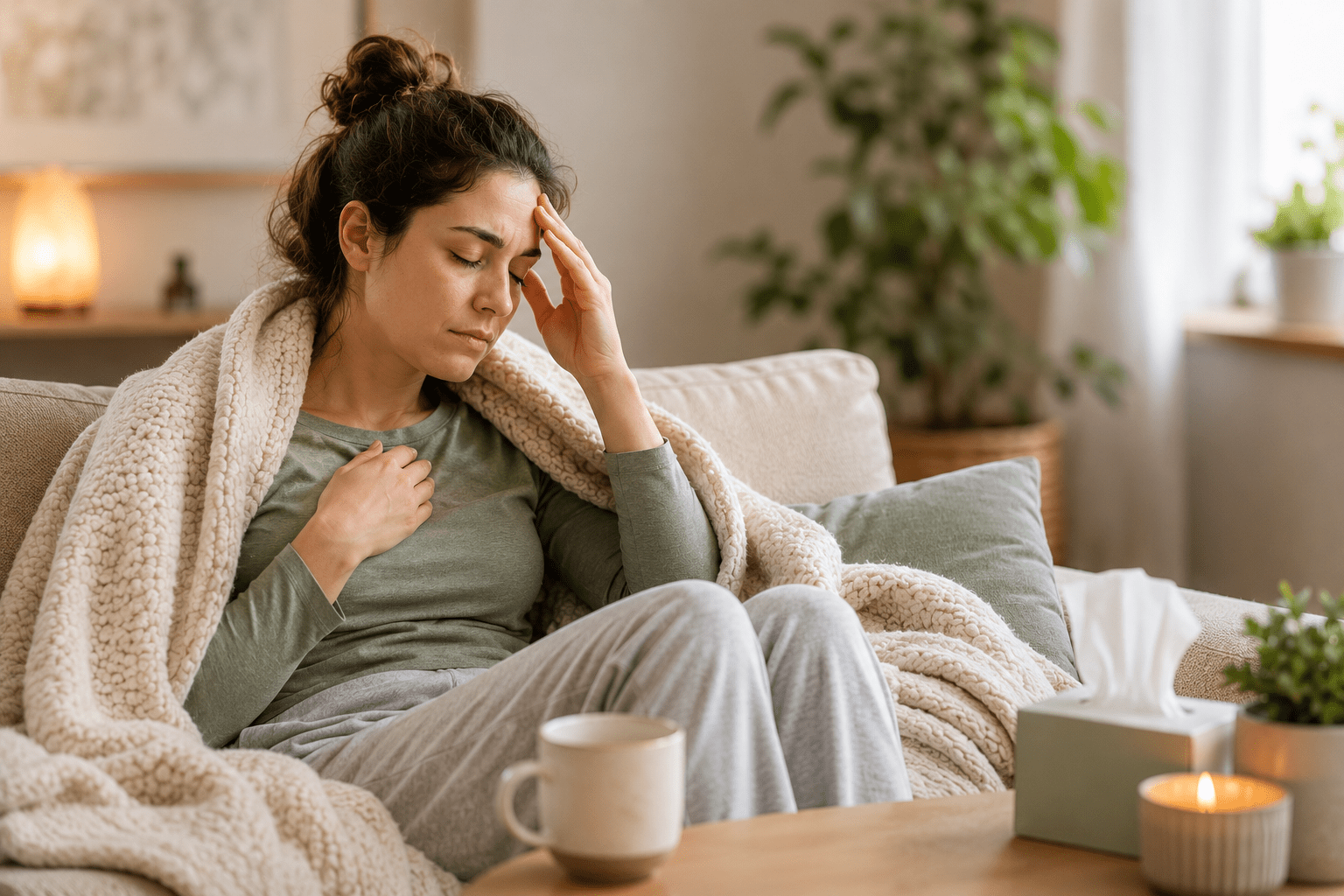 Woman resting under a blanket with fatigue and mild discomfort, representing temporary healing responses, recovery, and the body’s natural healing process.