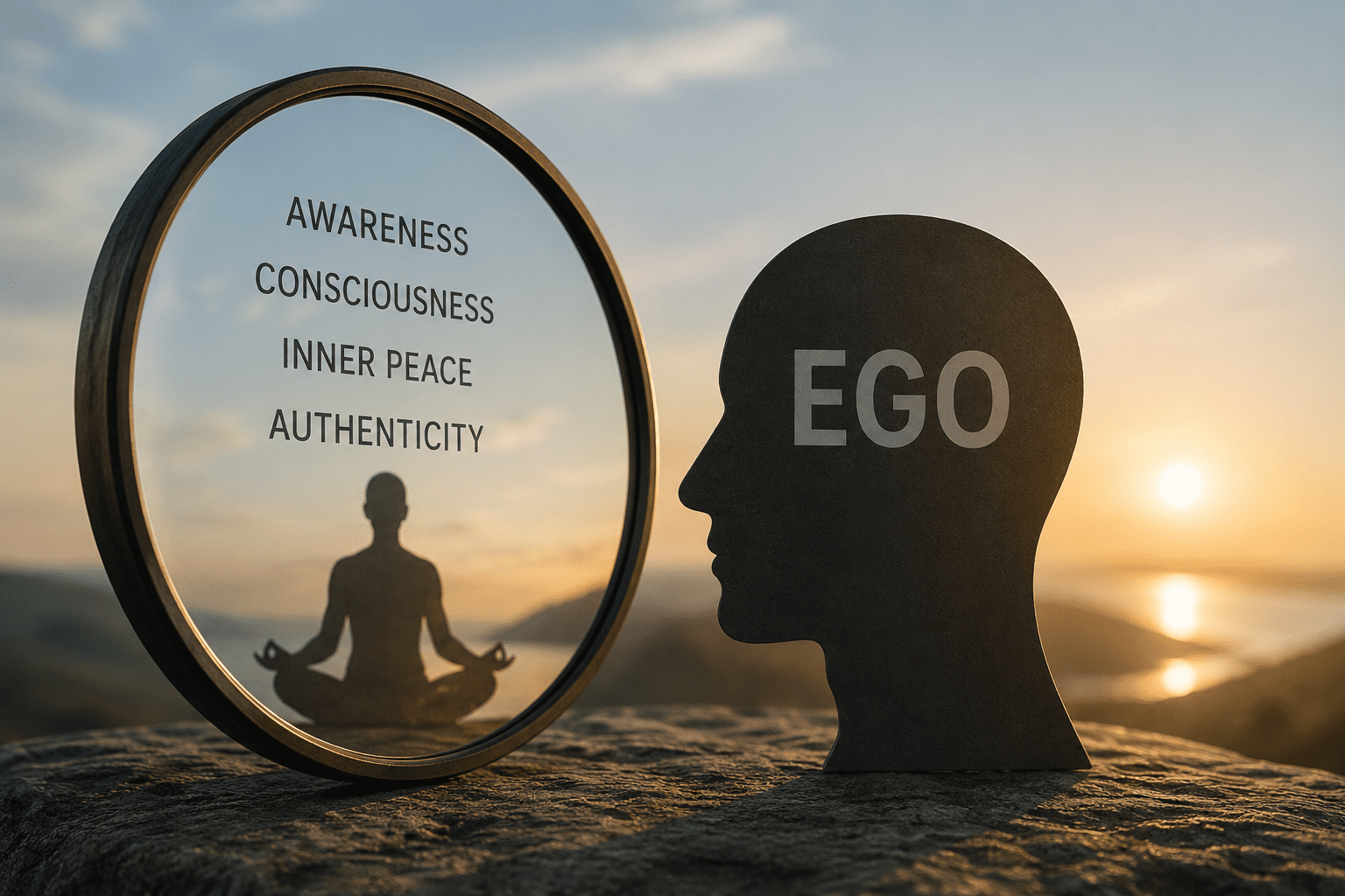 Conceptual image depicting ego identification, self-awareness, mindfulness, and personal growth through reflection and conscious observation.