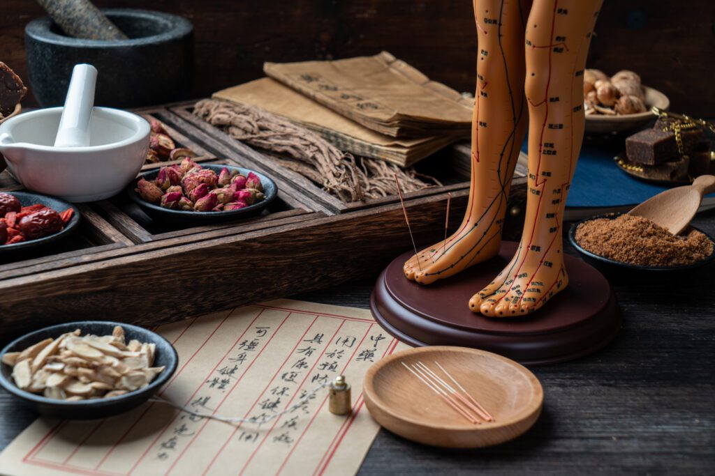 Table displaying a variety of Traditional Chinese Medicine tools, including sterilized acupuncture needles, mortar and pestles, and an acupuncture model with marked acupuncture points. Related to the Resource blog post, 'The History of Acupuncture in America in the 1970s'.