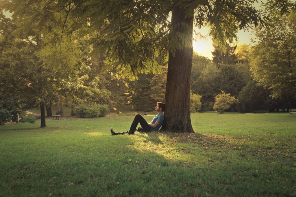 Man resting under a tree in a park, experiencing deep relaxation and recovery. Related to the Wellness blog post, 'What Is a Healing Crisis?'