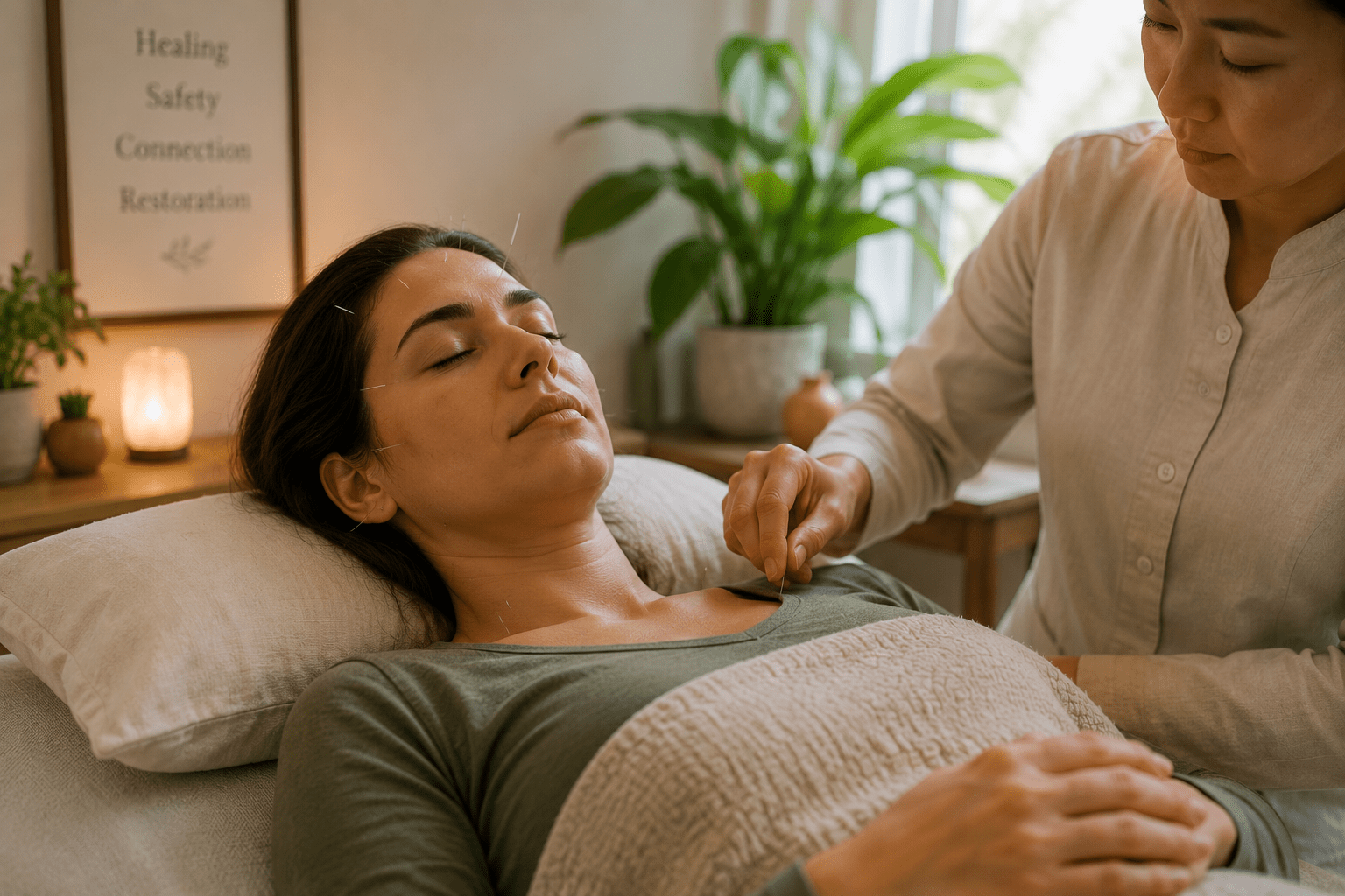 Woman receiving acupuncture treatment in a calm healing environment designed to support relaxation, stress reduction, and nervous system regulation.