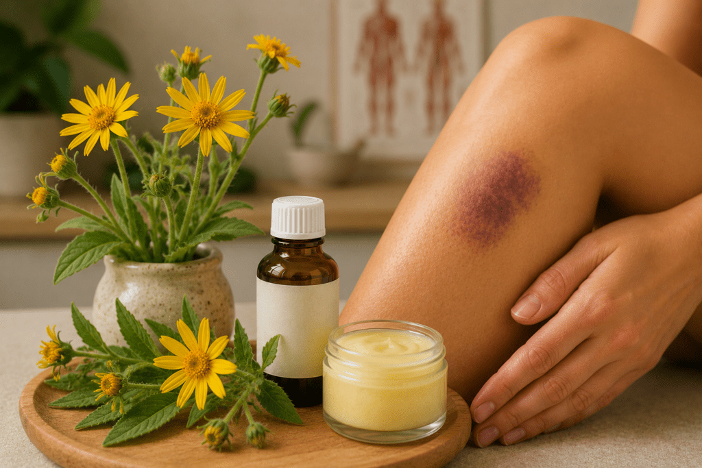 A close-up shot of yellow arnica flowers, a medicine bottle, and an ointment jar arranged on a wooden tray next to a person's leg showing a prominent dark purple bruise.