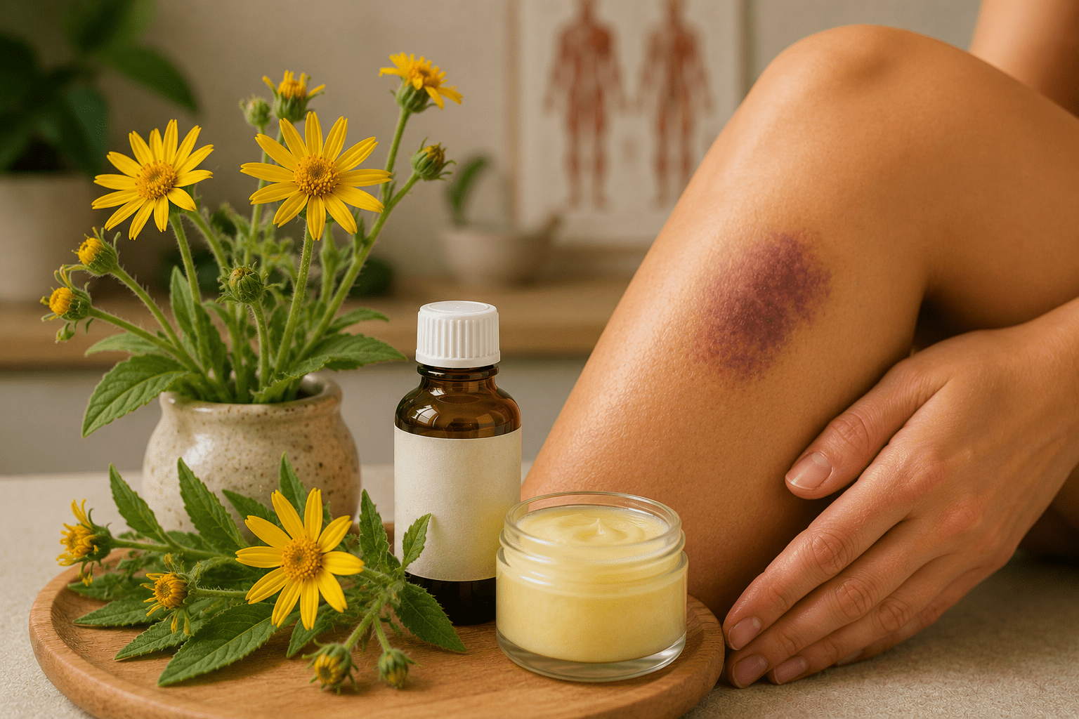 A close-up shot of yellow arnica flowers, a medicine bottle, and an ointment jar arranged on a wooden tray next to a person's leg showing a prominent dark purple bruise.