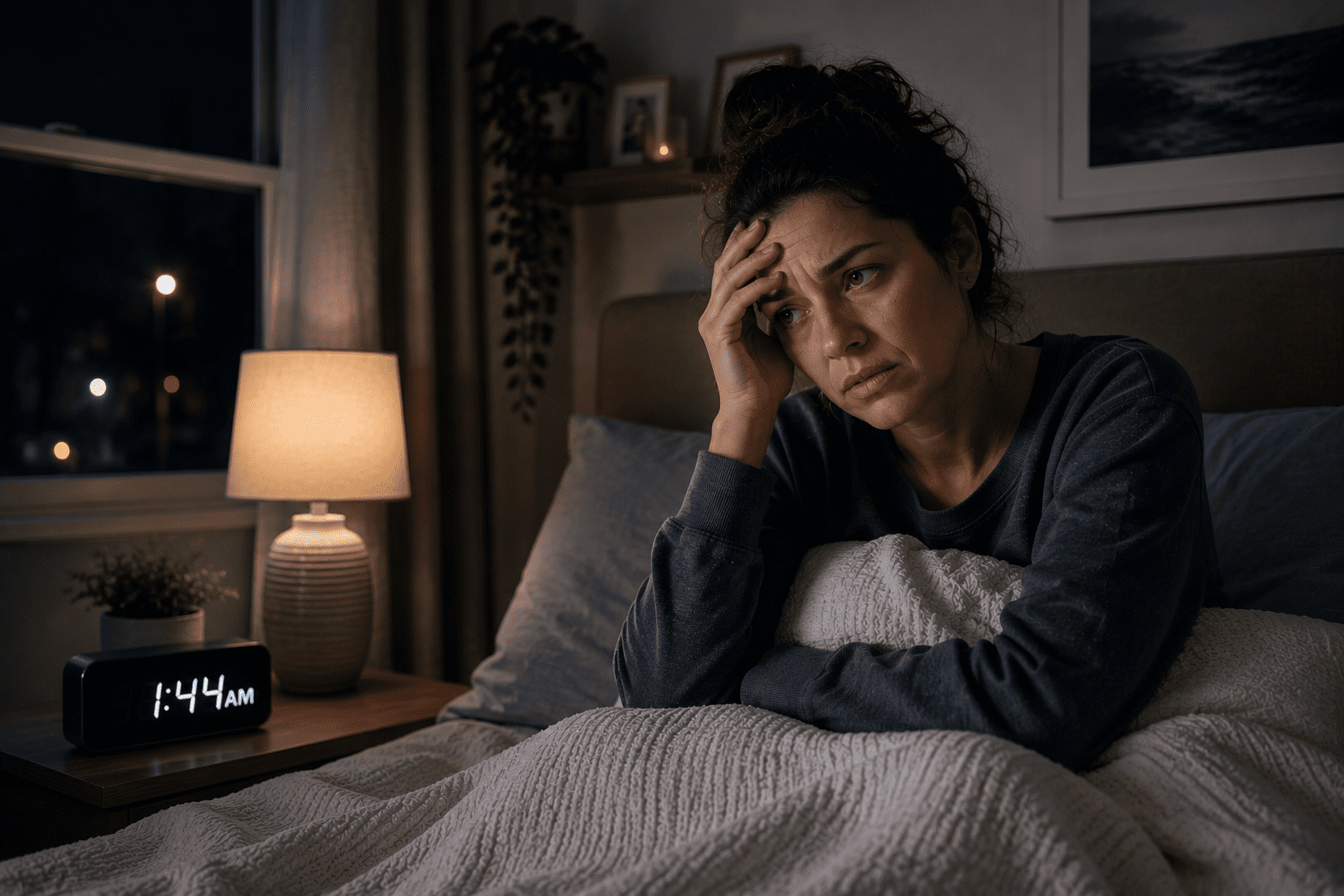 A distressed woman sits up in bed in a dark room at 1:44 AM, rubbing her forehead in exhaustion.