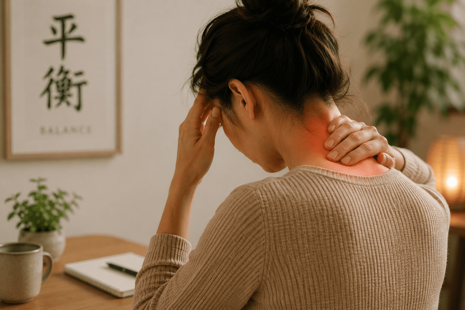 A rear view of a woman sitting at a desk, rubbing her temples and holding the back of her neck, with a glowing red highlight on her upper back indicating localized stress and physical pain.