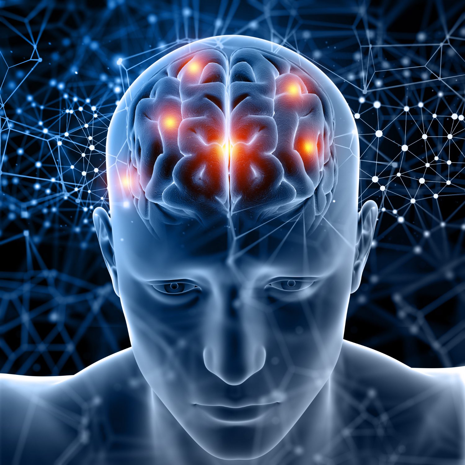 3D rendering of a human head and brain with glowing neural pathways and data connections.