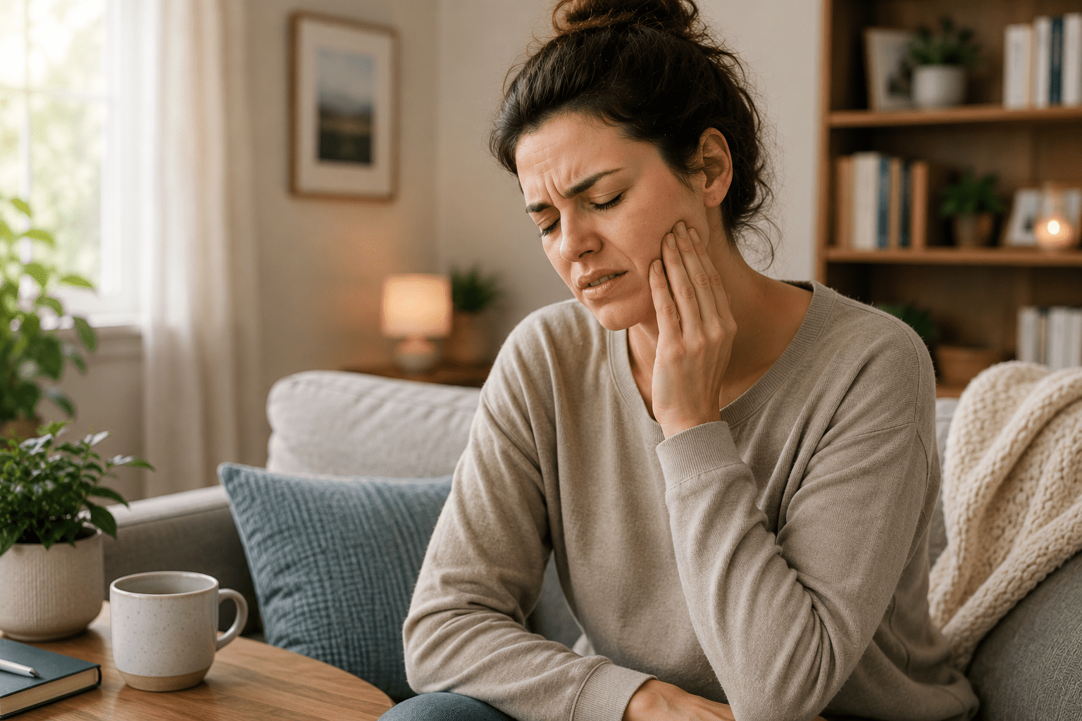 An exhausted woman wrapped in a blanket on a couch, holding a tissue to her nose and resting her hand on her forehead, with cold medicine and a thermometer on the table in front of her.