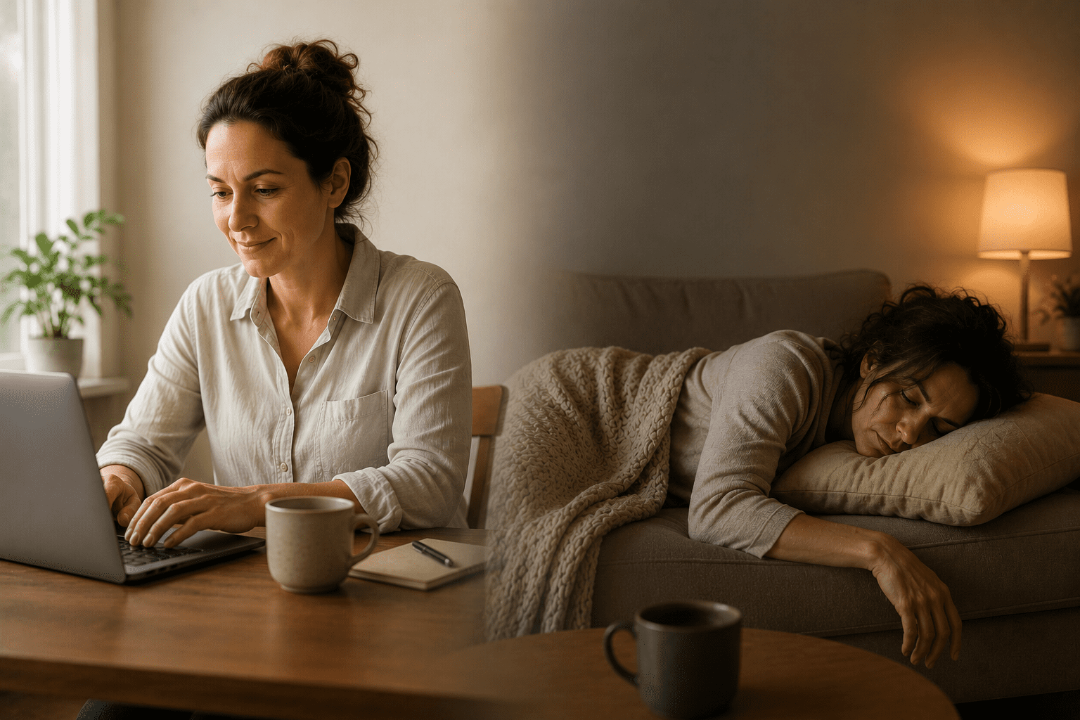 A split-screen image showing a woman working productively at a laptop on the left, contrasted with her collapsed in deep exhaustion on a couch on the right, illustrating the let-down effect.