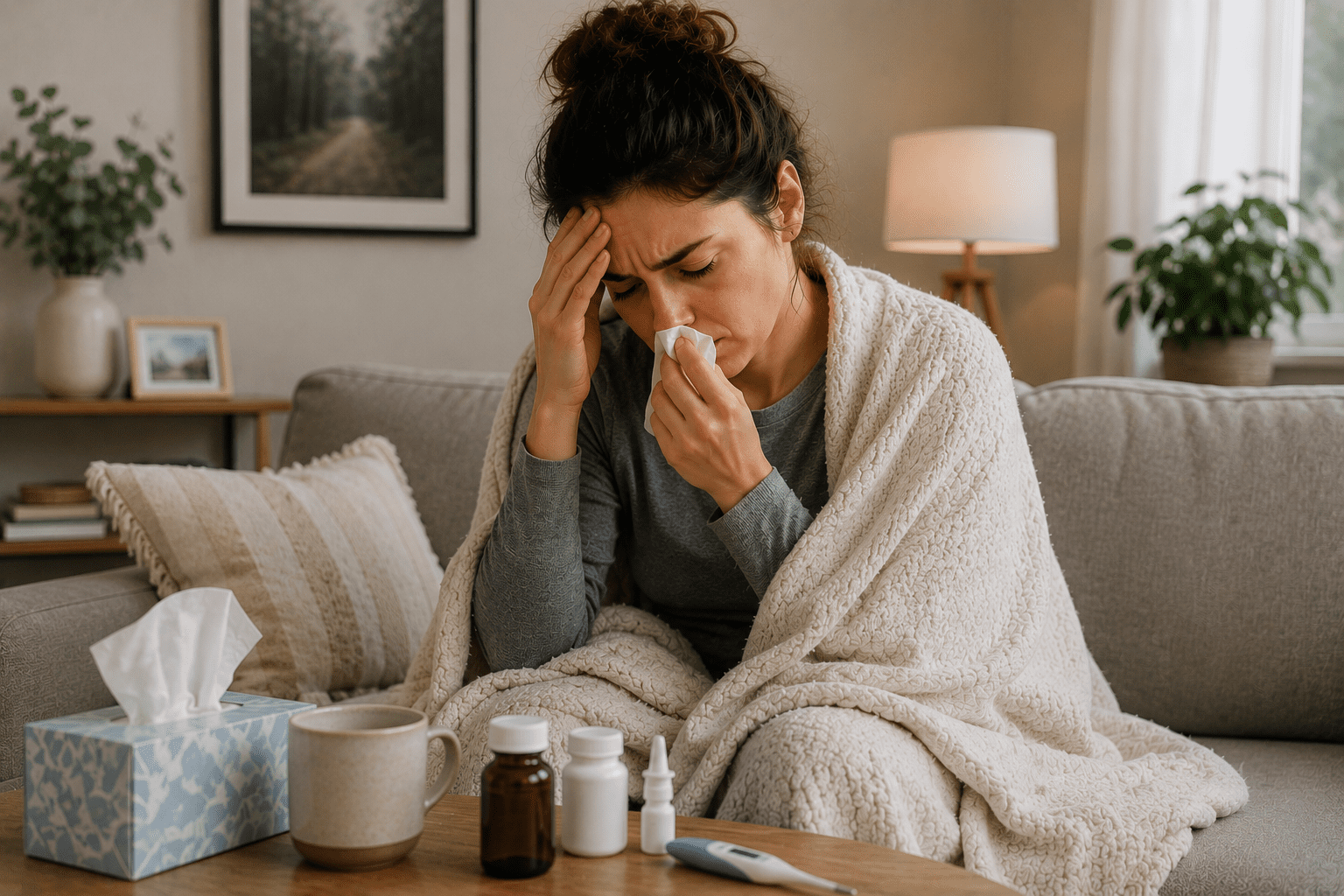 An exhausted woman wrapped in a blanket on a couch, holding a tissue to her nose and resting her hand on her forehead, with cold medicine and a thermometer on the table in front of her.