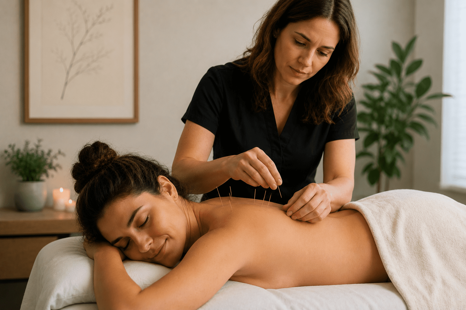 A licensed acupuncturist carefully placing acupuncture needles along a patient's upper back and spine during a clinical preventative treatment session.
