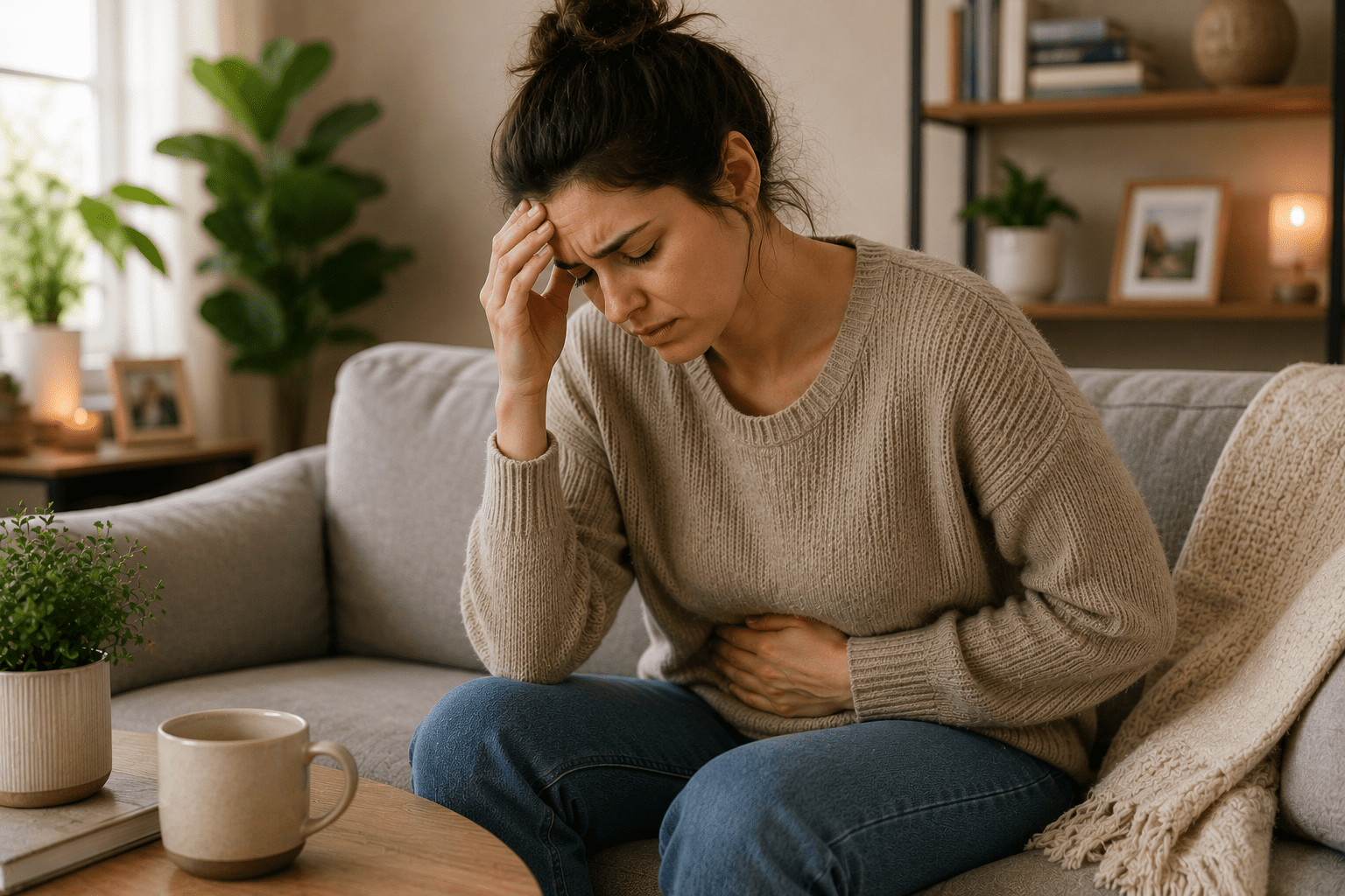 A woman sitting on a couch, holding her stomach in pain with her right hand and resting her left hand on her forehead with a stressed expression, illustrating a nervous stomach.