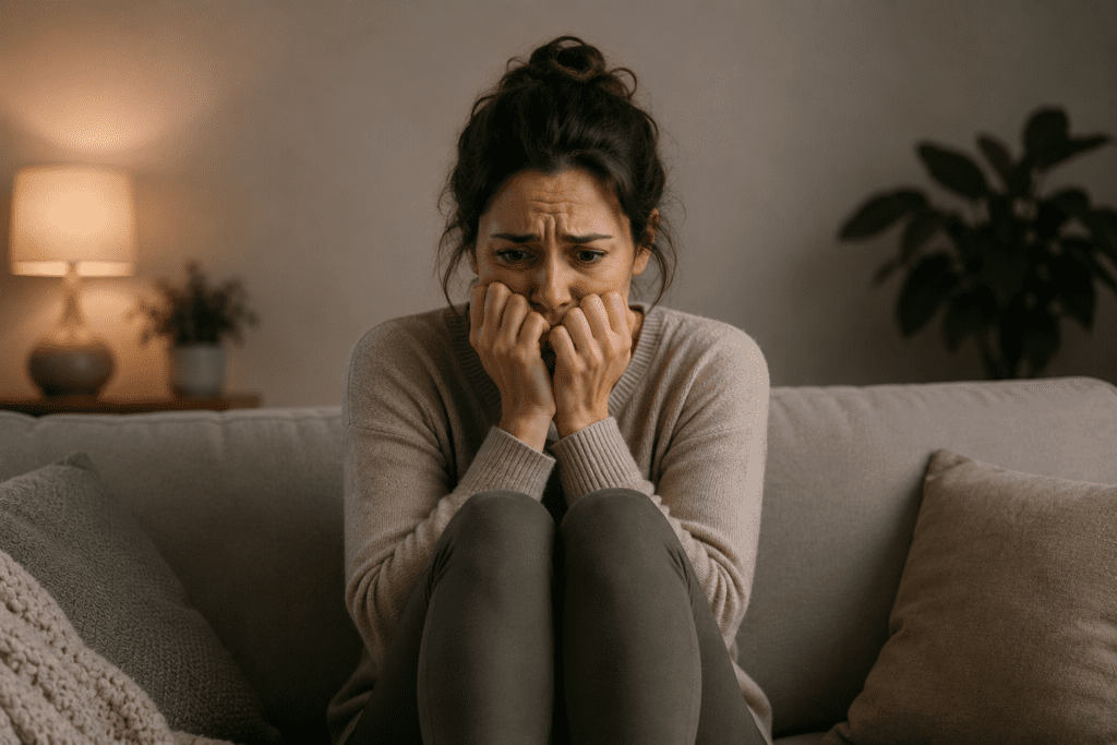 A close-up shot of a woman sitting on a couch with her knees pulled to her chest, holding her hands to her mouth with an anxious, overwhelmed expression, illustrating relaxation anxiety.