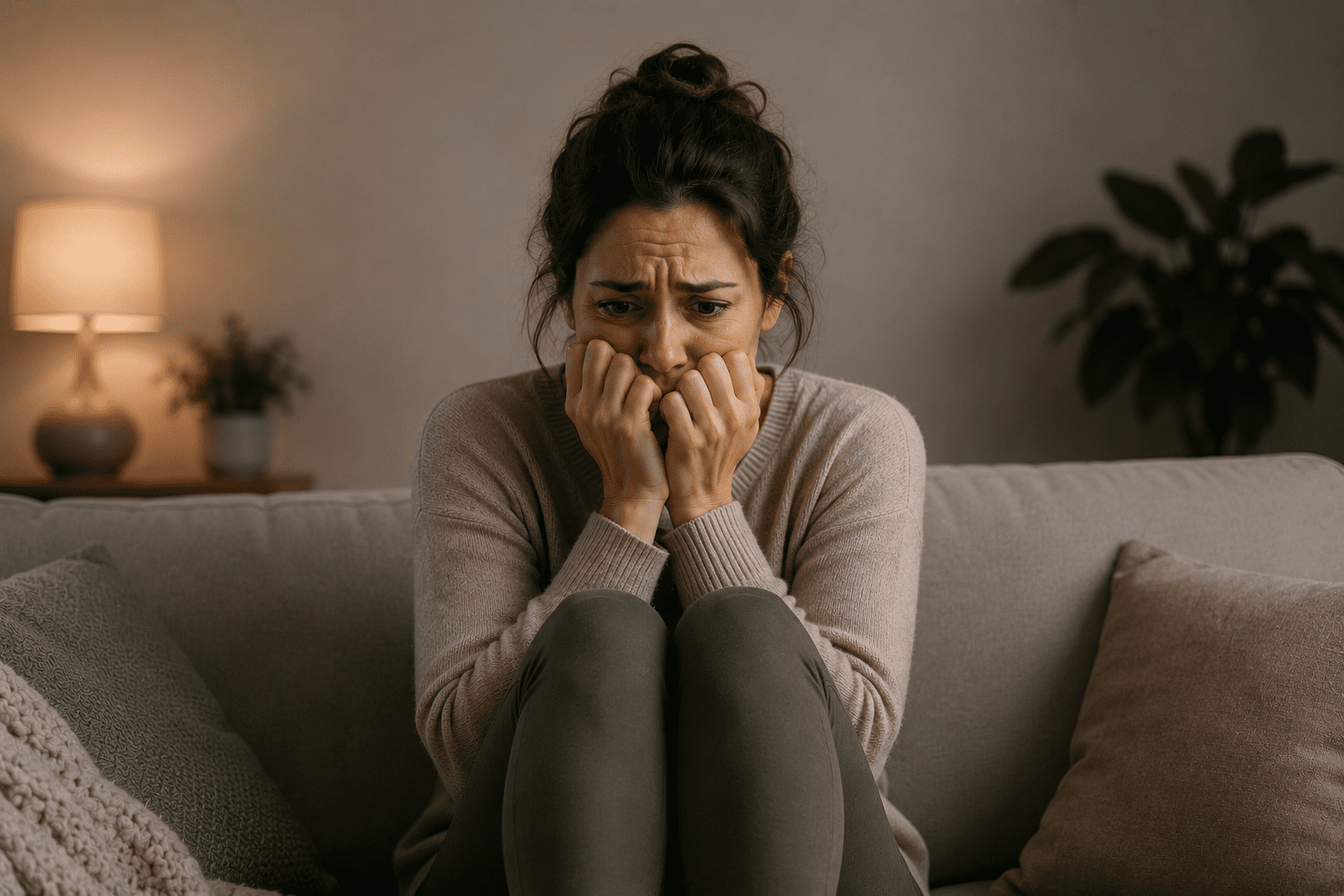 A close-up shot of a woman sitting on a couch with her knees pulled to her chest, holding her hands to her mouth with an anxious, overwhelmed expression, illustrating relaxation anxiety.