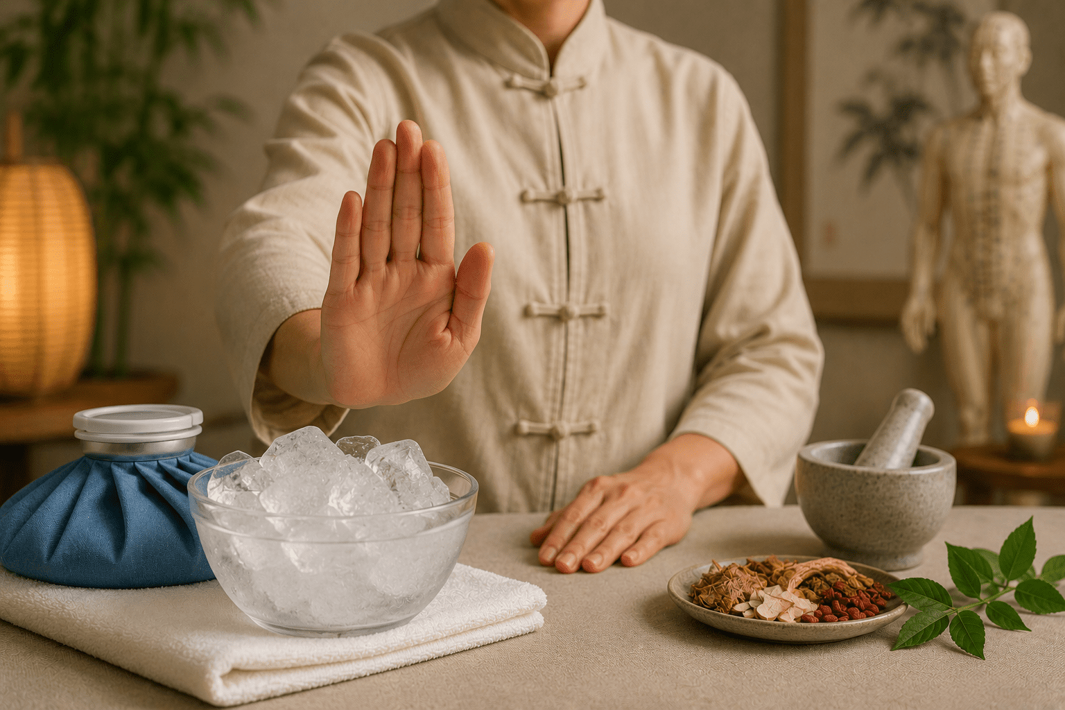 A practitioner in a traditional linen uniform extending an open hand in a "stop" gesture toward a clear glass bowl of ice cubes and a blue ice pack on a treatment table.