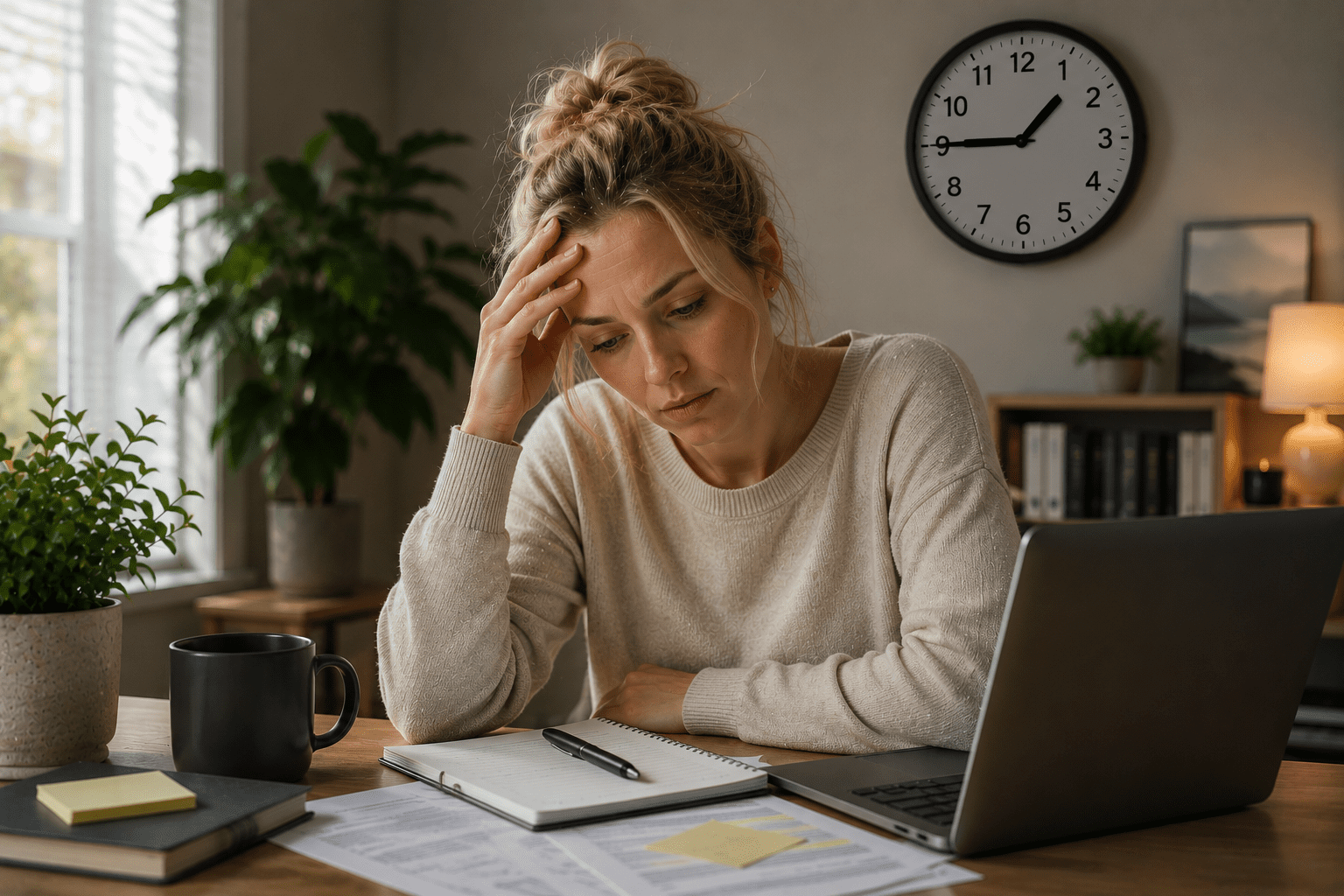 A blonde woman sitting at a desk under a wall clock, holding her forehead in deep exhaustion while looking down at paperwork and an open notebook next to a laptop.