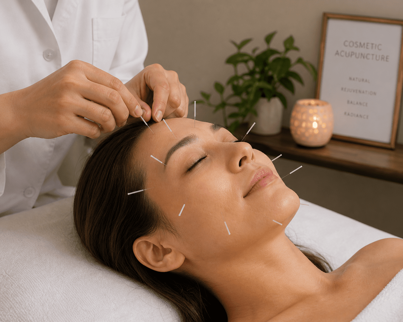 Practitioner inserting fine needles into a patient's face during a cosmetic acupuncture session in Scottsdale.