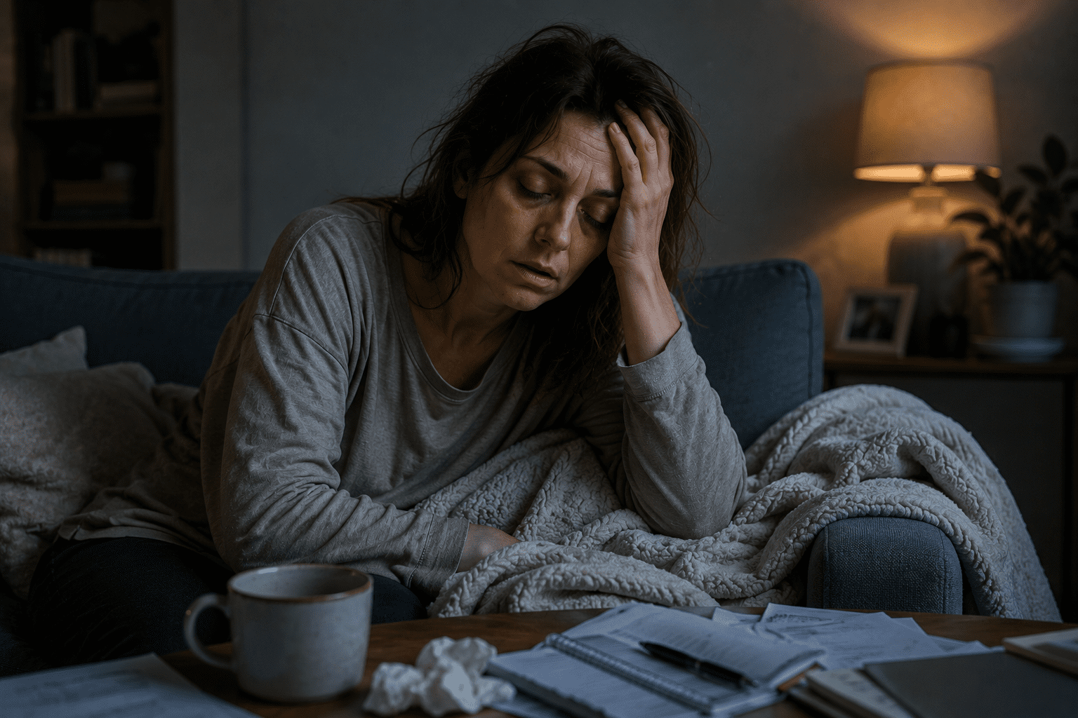 An exhausted woman sitting on a couch looking over paperwork, illustrating the frustration of chronic fatigue when standard medical blood tests come back normal.