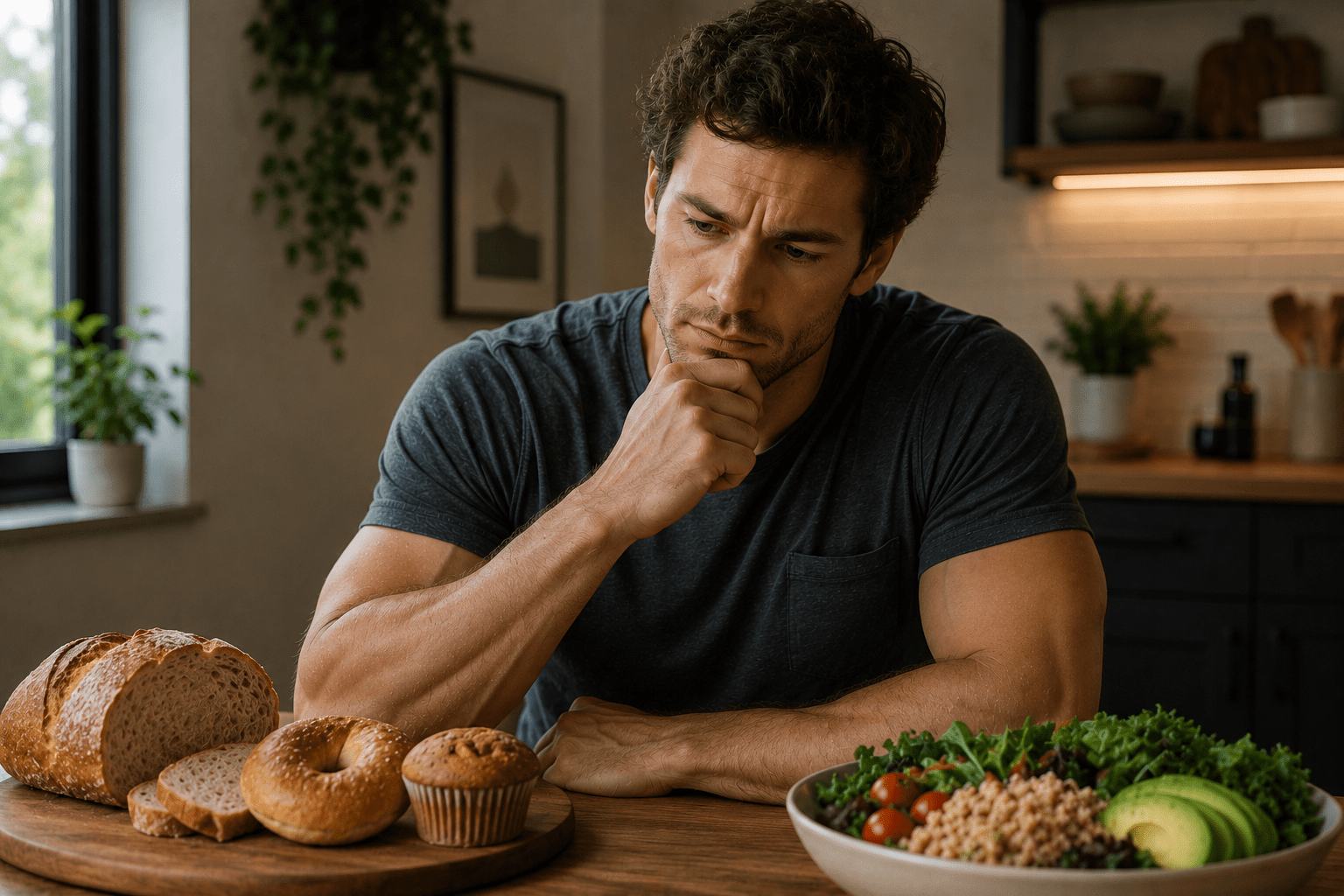A thoughtful man sitting at a table deliberating between gluten-containing baked goods and a fresh whole-food salad, illustrating the process of a gluten elimination trial.