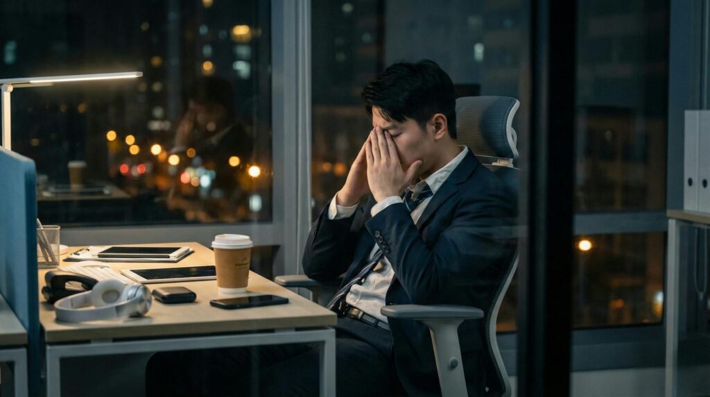 A man in a suit sitting at a desk in a dark office at night, holding his face in his hands with a coffee cup and tech accessories nearby.