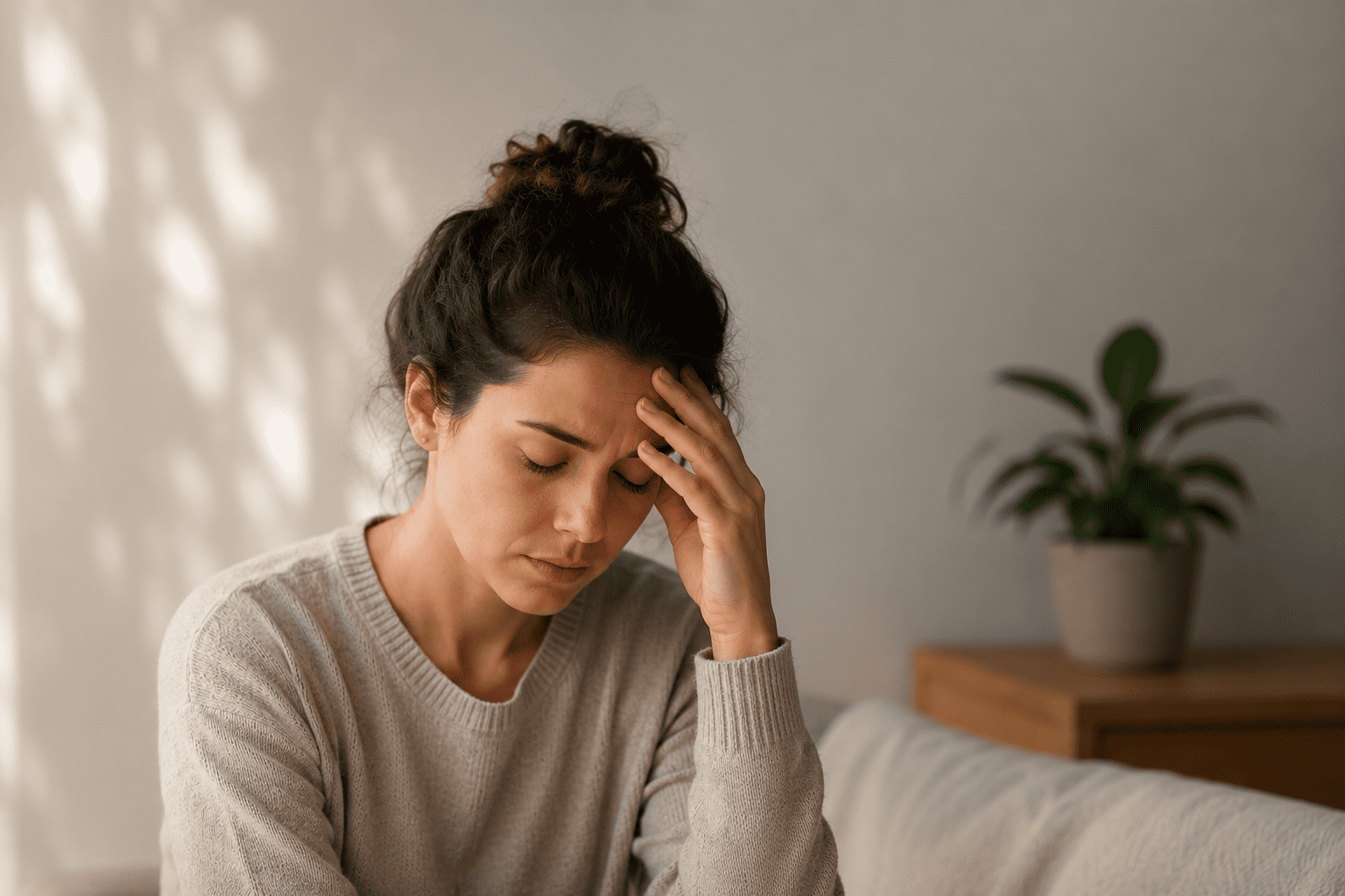 A woman in a Scottsdale home setting experiencing symptoms of brain fog and mental fatigue, illustrating the neurological effects of chronic systemic inflammation.
