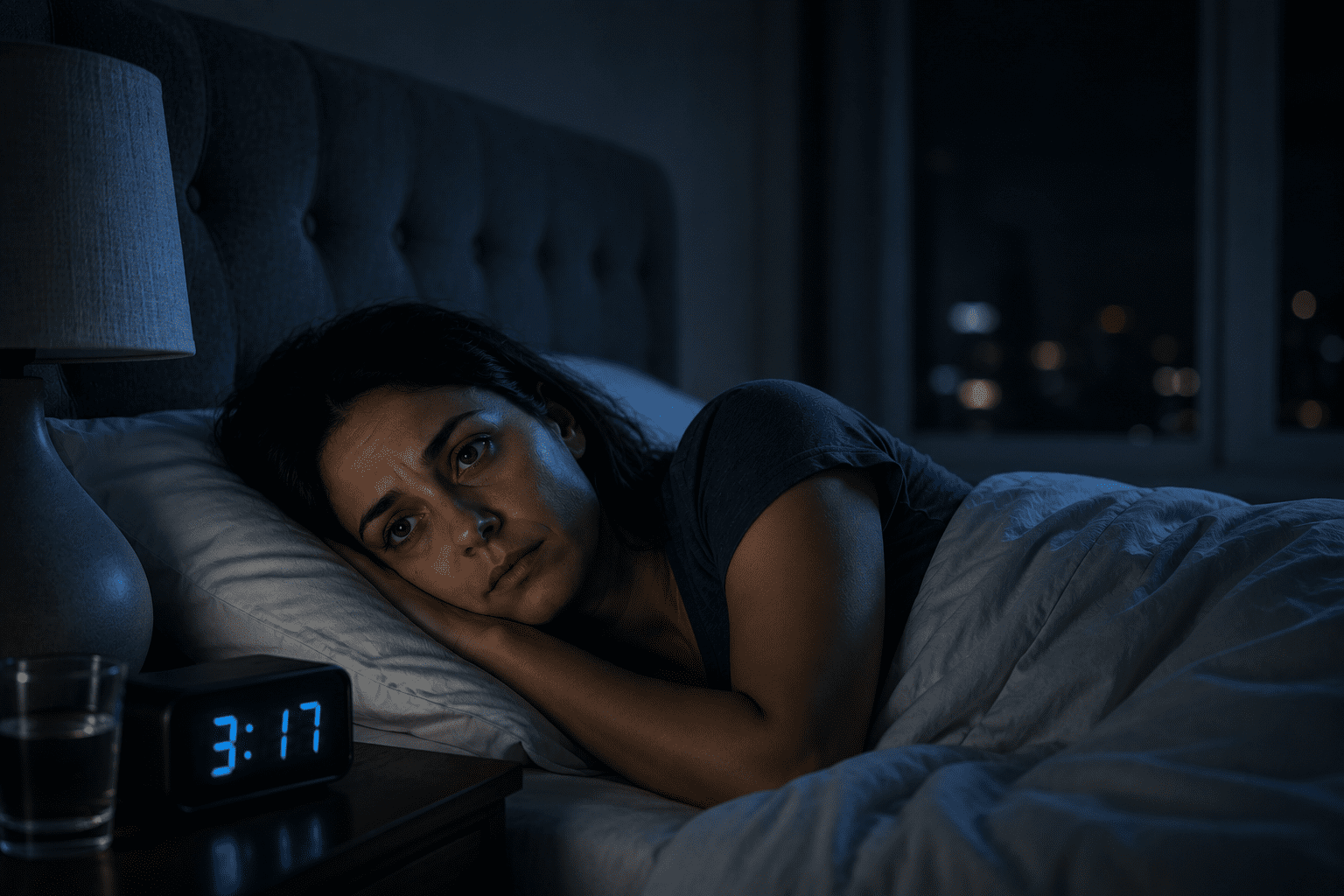 A wide-awake woman lying in bed at 3:17 AM, illustrating the hyperarousal and frustration of chronic insomnia.