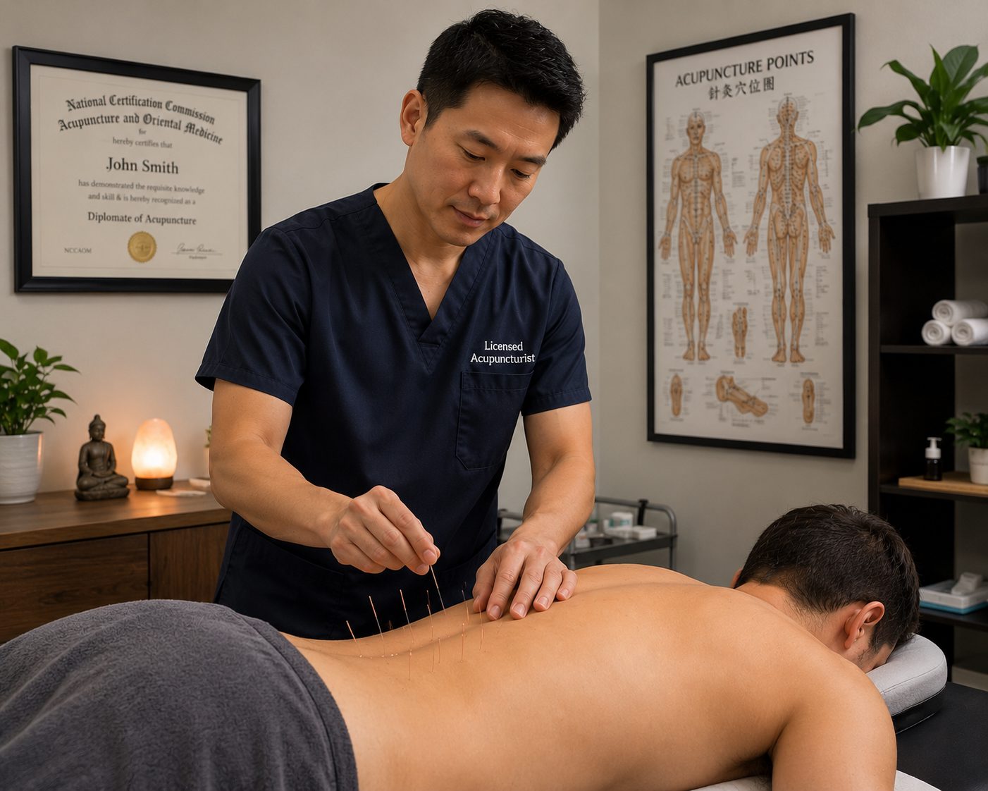 Licensed acupuncturist in Scottsdale clinic performing precise back acupuncture treatment with NCCAOM board certification and meridian charts displayed in the background.