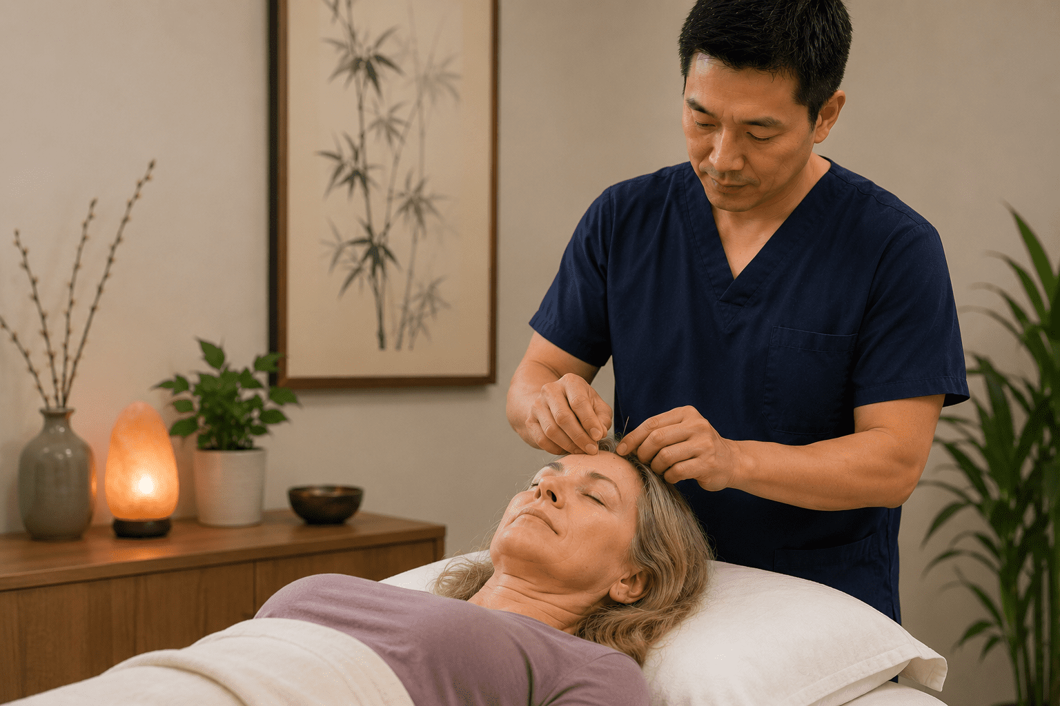 Acupuncturist treating a mature woman in a calming clinic setting for menopause symptom relief.