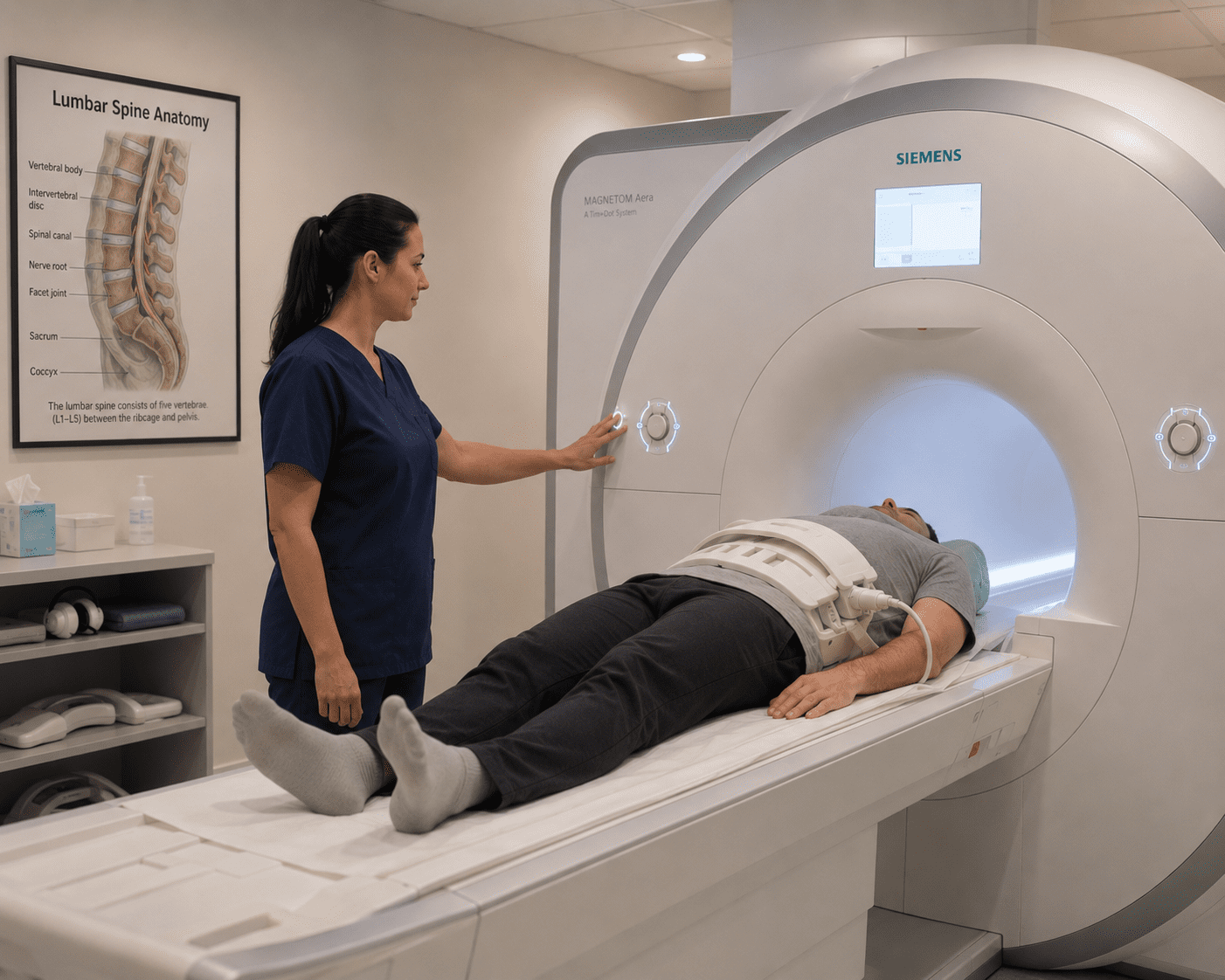 A clinical setting showing a patient entering an MRI machine with a practitioner standing nearby and an anatomical chart of the lumbar spine on the wall.