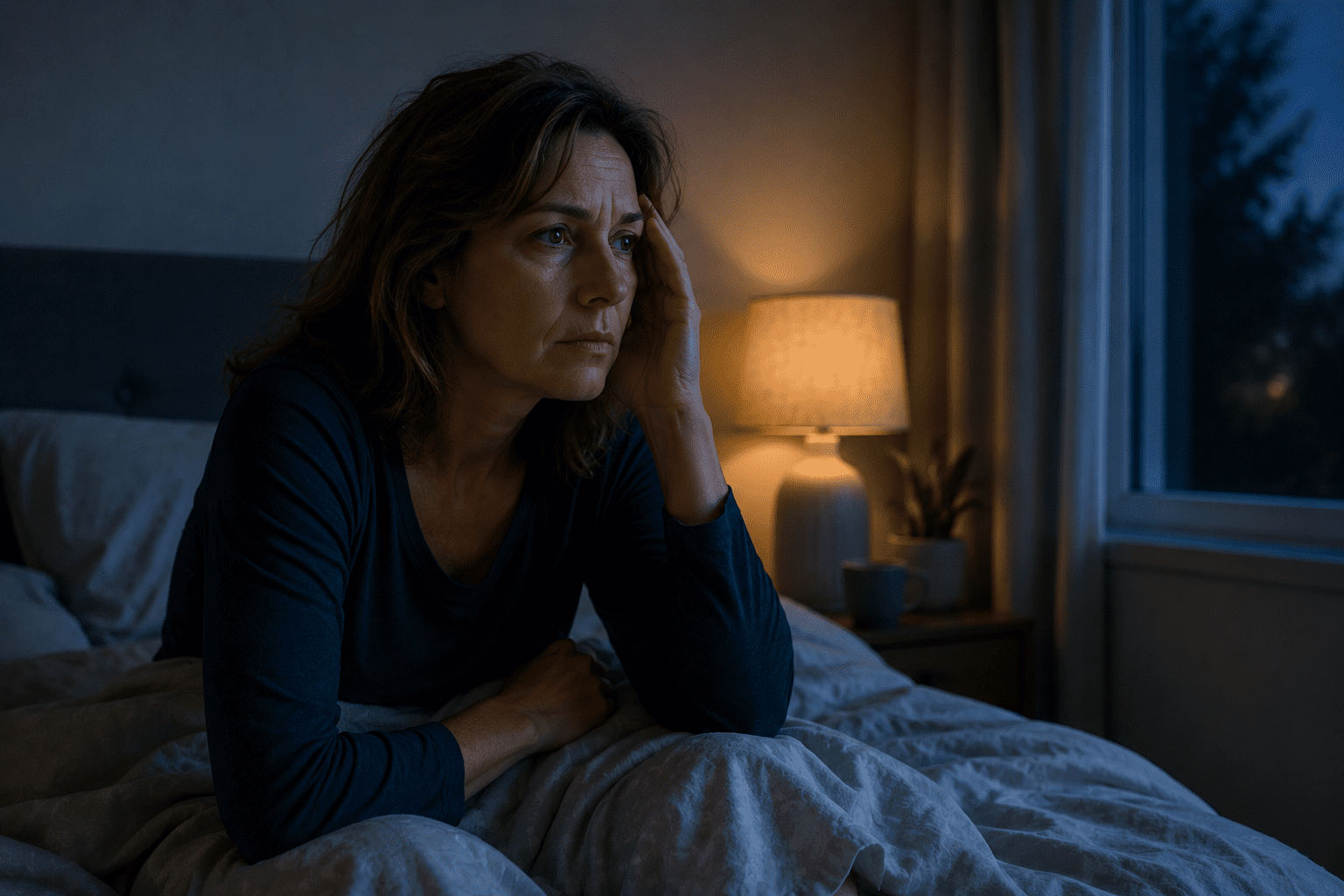 A woman sitting up in bed at night holding her temple, illustrating the frustration of perimenopausal anxiety, insomnia, and midnight wakefulness.