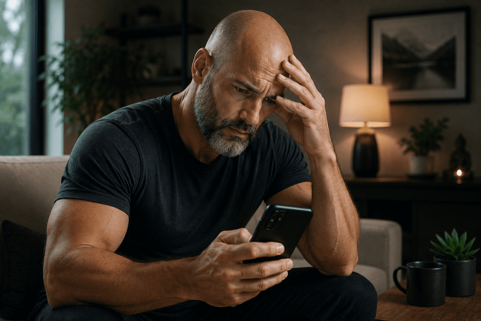 A focused, stressed man sitting on a sofa looking intensely at his smartphone while holding his hand to his forehead, illustrating phone-induced anxiety and nervous system strain.