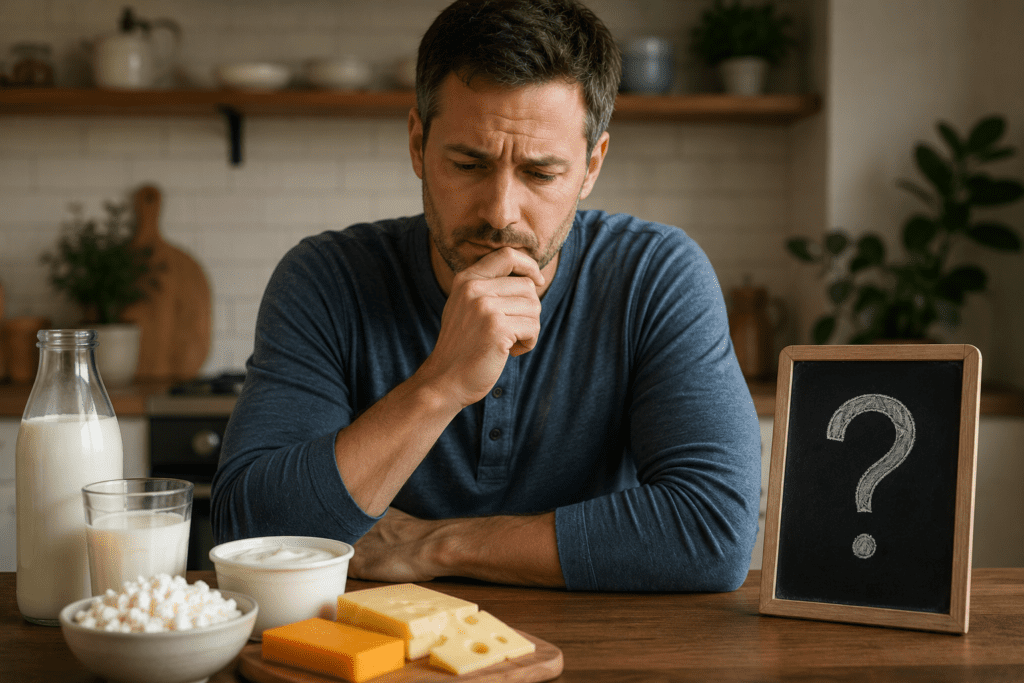 A thoughtful man sitting at a kitchen table looking hesitantly at an assortment of dairy products, illustrating the dairy dilemma and food sensitivity confusion.