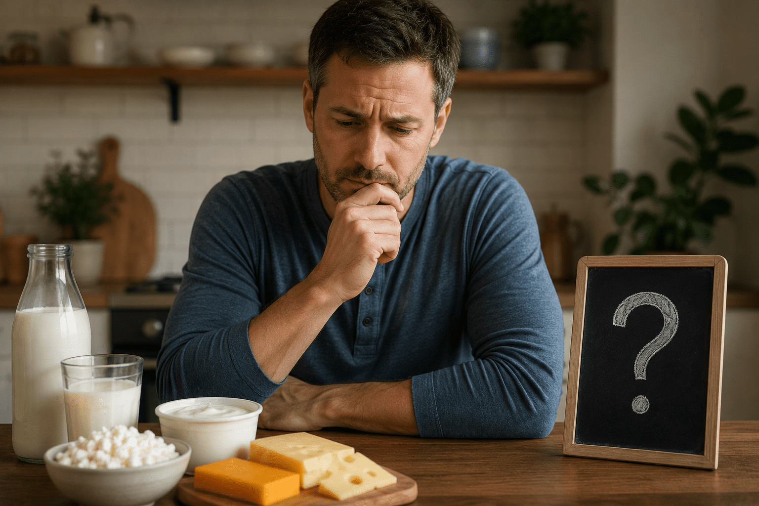 A thoughtful man sitting at a kitchen table looking hesitantly at an assortment of dairy products, illustrating the dairy dilemma and food sensitivity confusion.