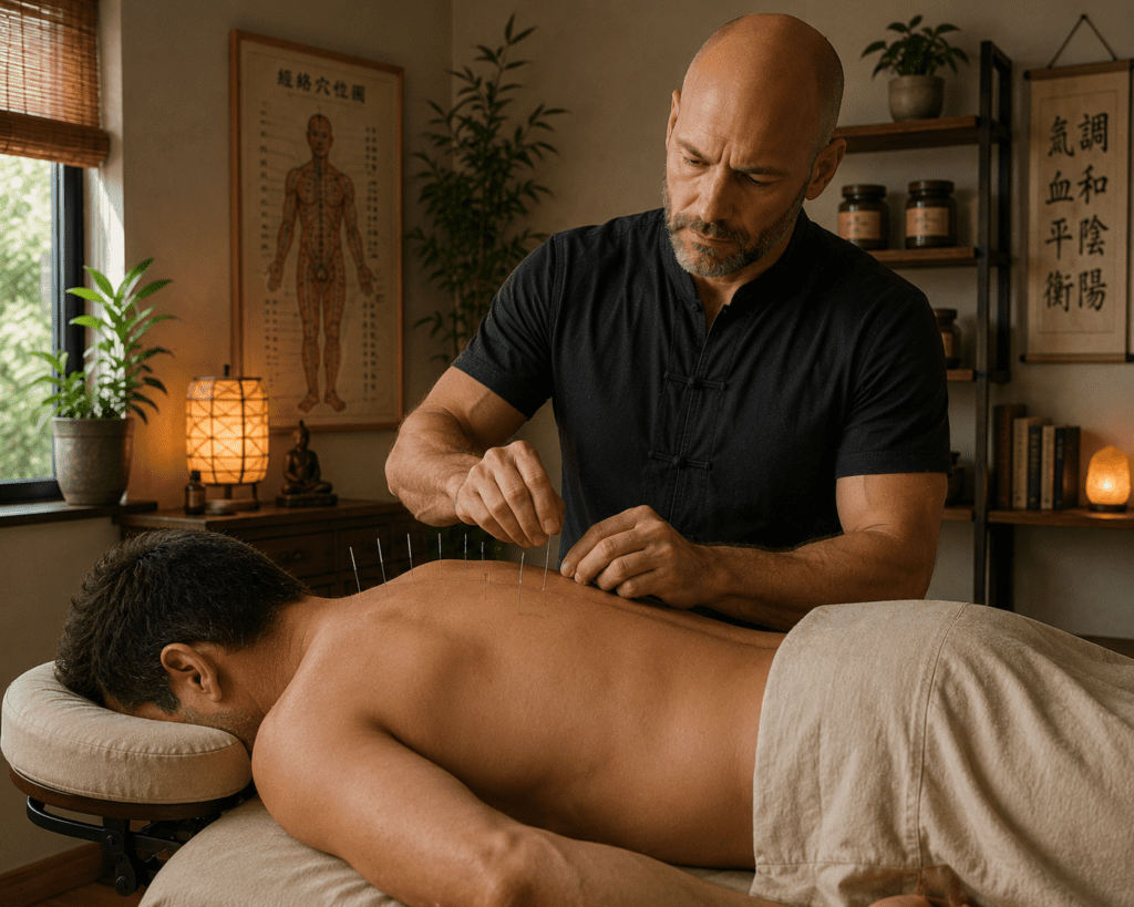 A licensed acupuncturist inserting fine needles into a patient’s upper back and neck to treat headache disorders at a Scottsdale acupuncture clinic.