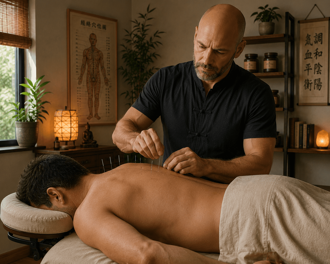 A licensed acupuncturist inserting fine needles into a patient’s upper back and neck to treat headache disorders at a Scottsdale acupuncture clinic.