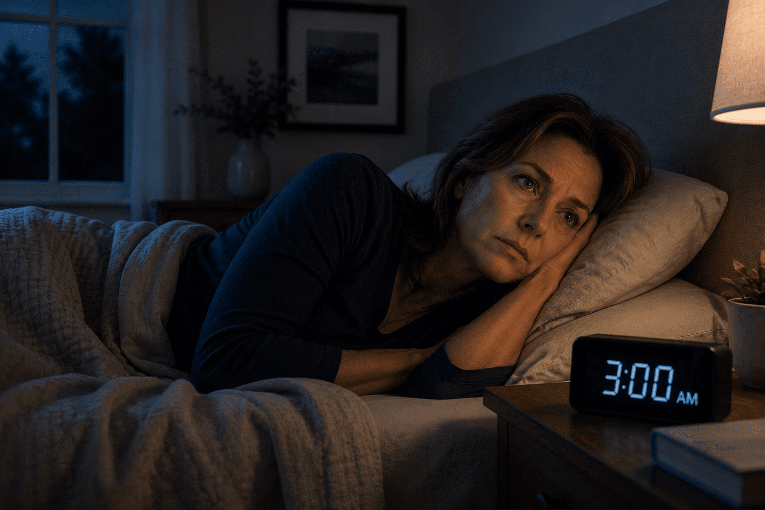 An anxious woman in her 40s lying awake in bed staring at a digital nightstand clock reading 3:00 AM, illustrating perimenopause sleep disruption.