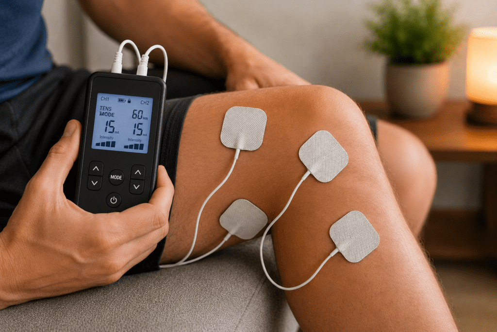 A close-up shot of a person using a portable TENS unit at home, holding the digital controller while four square electrode pads are attached around the knee joint to deliver gentle electrical stimulation.