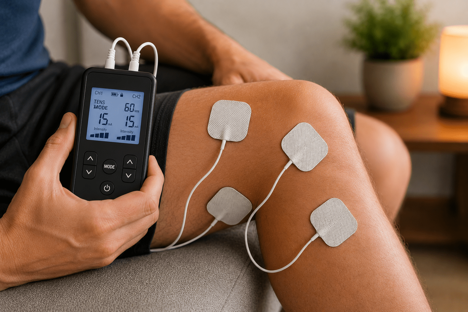 A close-up shot of a person using a portable TENS unit at home, holding the digital controller while four square electrode pads are attached around the knee joint to deliver gentle electrical stimulation.