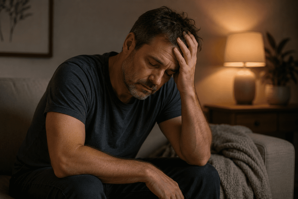An exhausted man sitting on a sofa holding his forehead, capturing the physical depletion and mental agitation of feeling wired and tired.