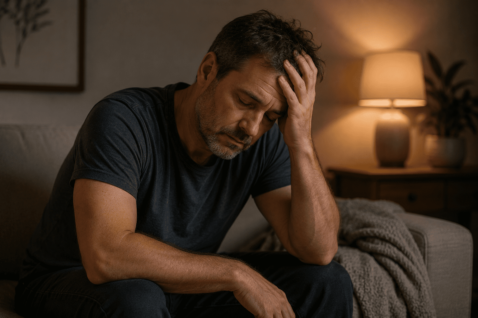 An exhausted man sitting on a sofa holding his forehead, capturing the physical depletion and mental agitation of feeling wired and tired.